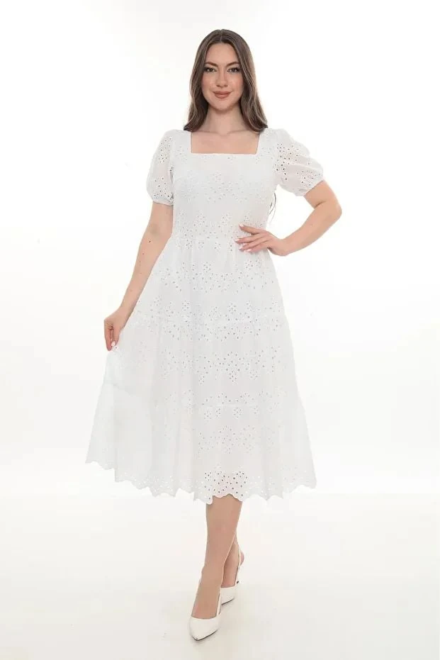 Kare Yaka Astarlı Midi Boy Vual Elbise