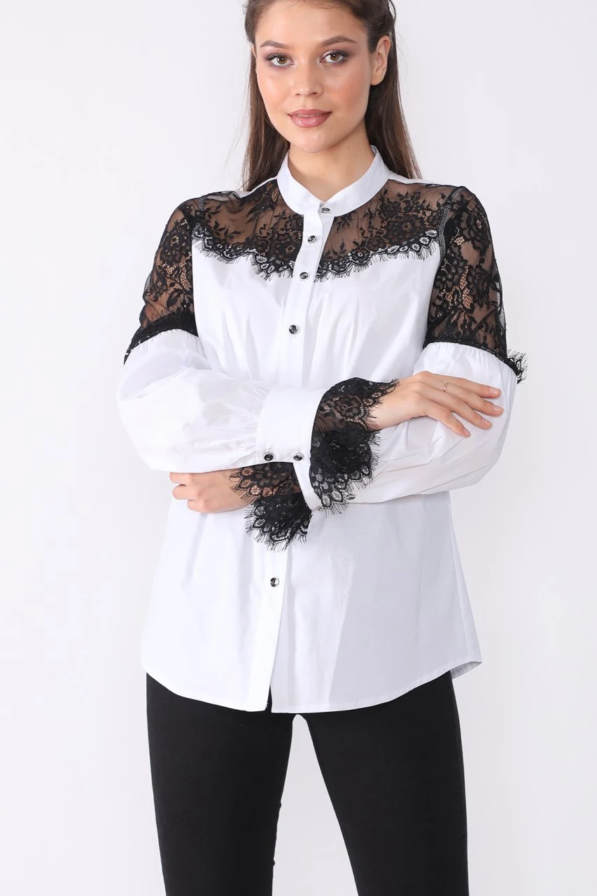 Beyaz Yaka ve Kol Dantel Detaylı Gömlek ETS5789634