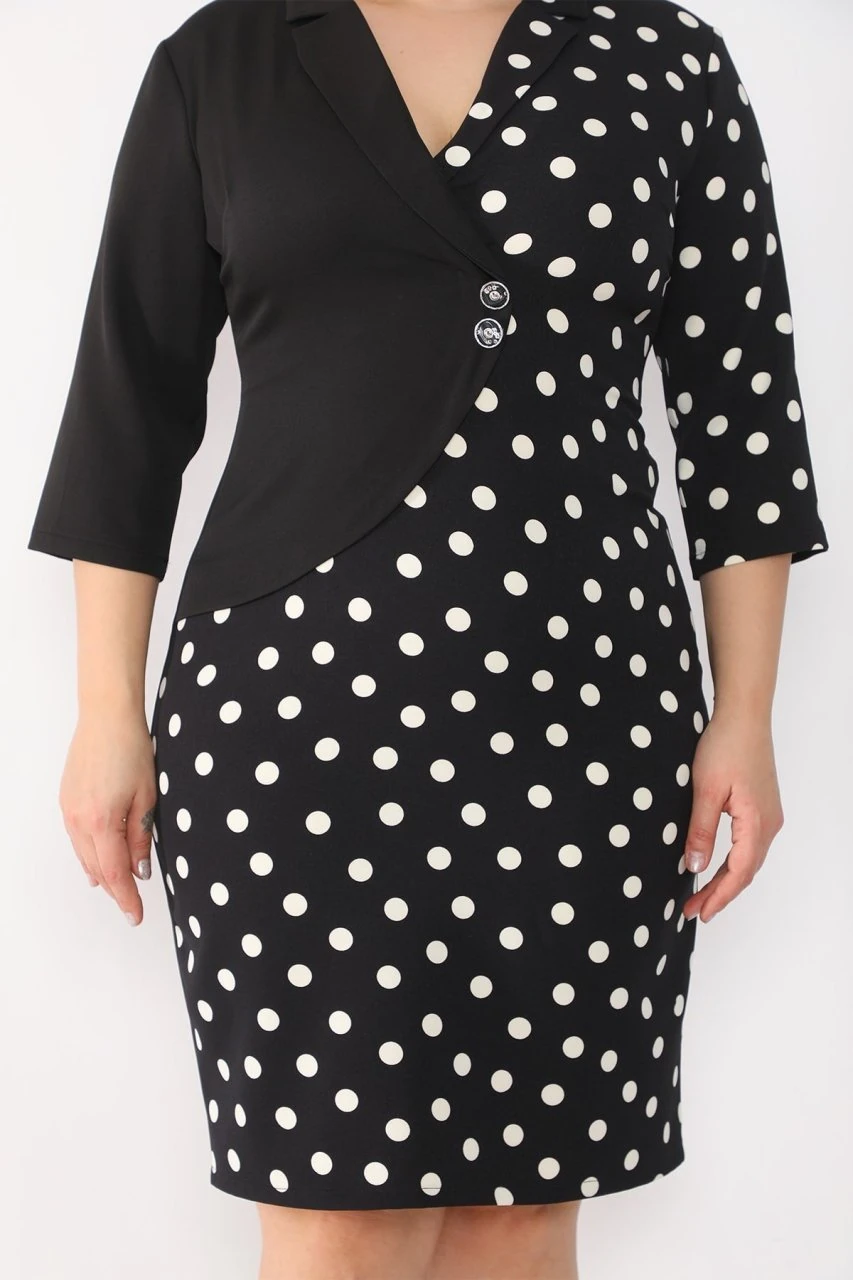 etselements Puantiyeli Kruvaze Ve Düğmeli Ofis Elbisesi ES2006