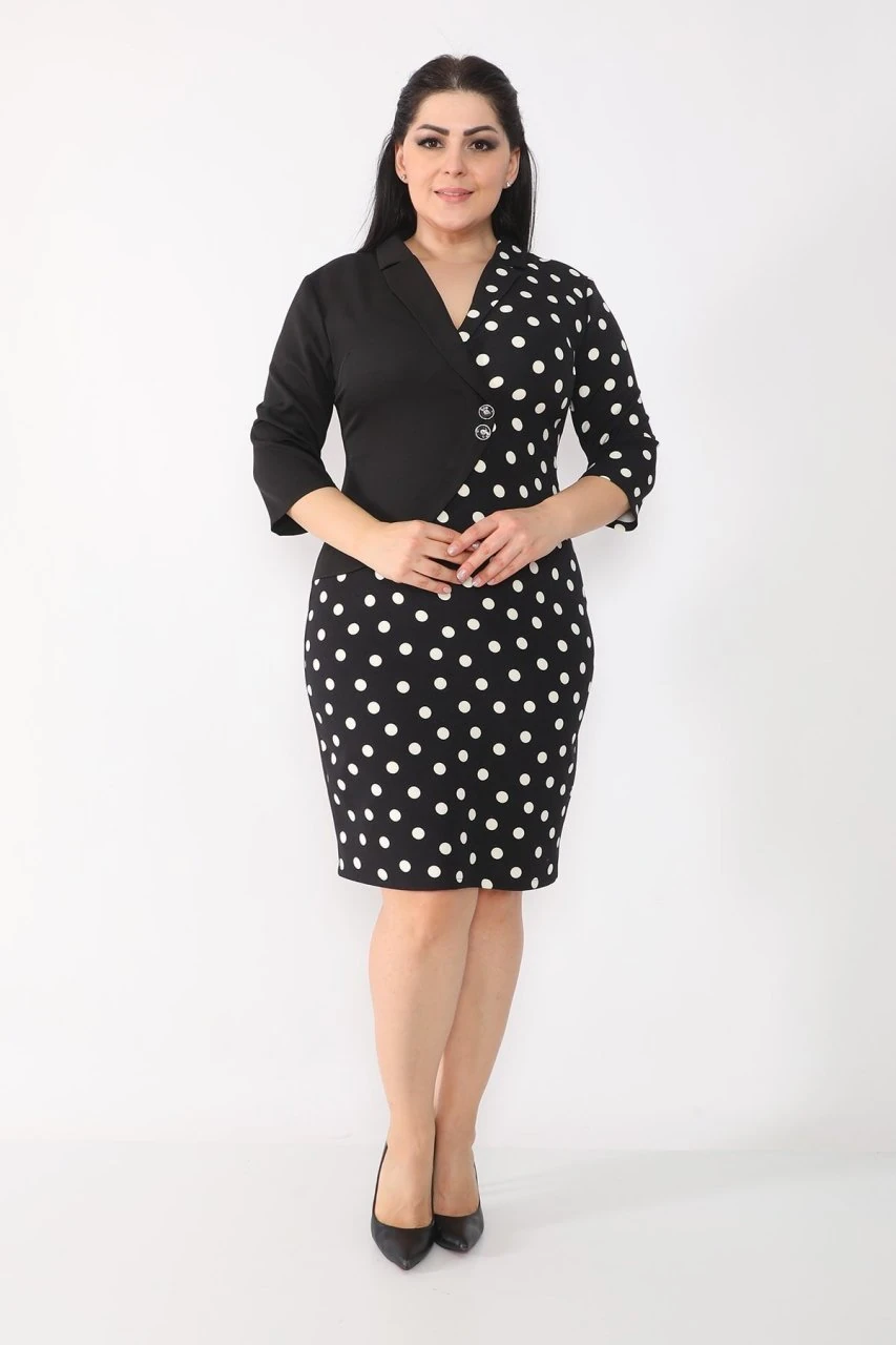 etselements Puantiyeli Kruvaze Ve Düğmeli Ofis Elbisesi ES2006