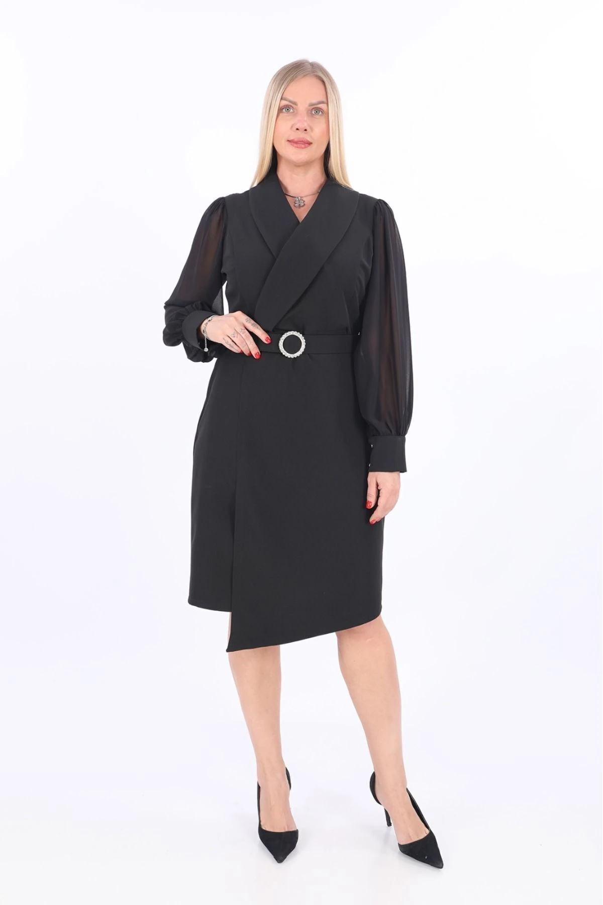 Kruvaze Yakalı Kemer Detaylı Şifon Abiye Elbise