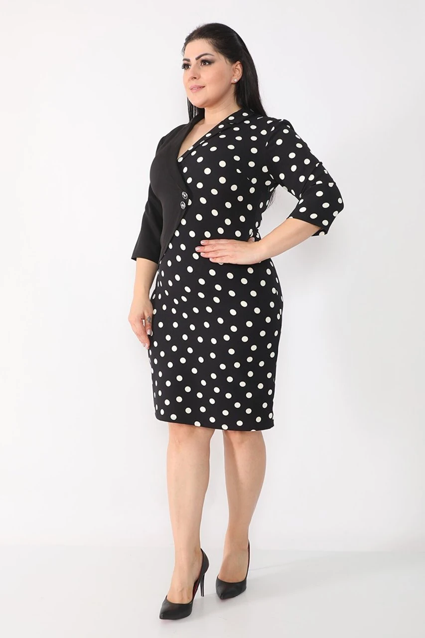 etselements Puantiyeli Kruvaze Ve Düğmeli Ofis Elbisesi ES2006