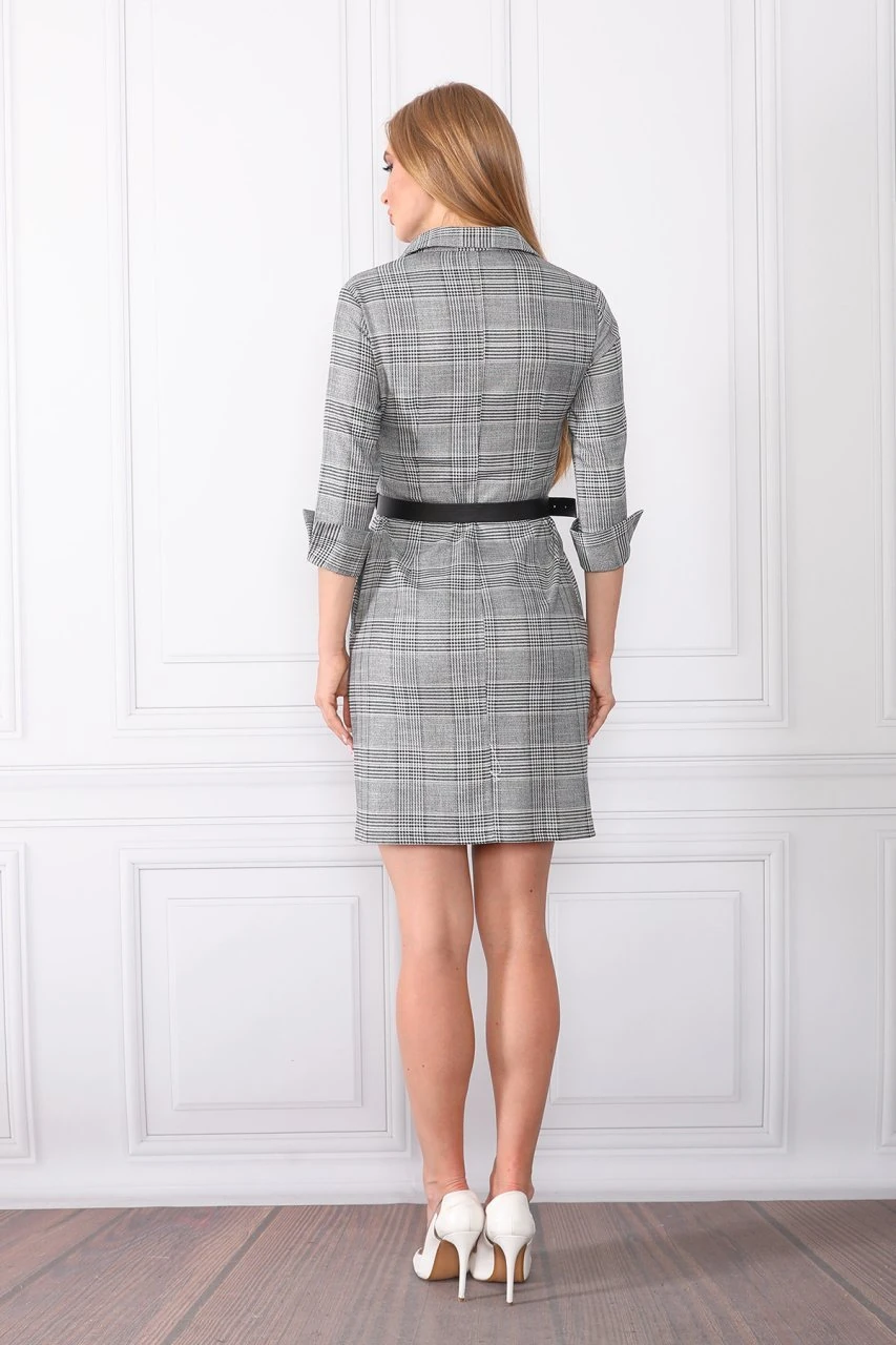 Gri Göğüsten Düğme Ve Kuşak Detaylı Ofis Elbise ES164