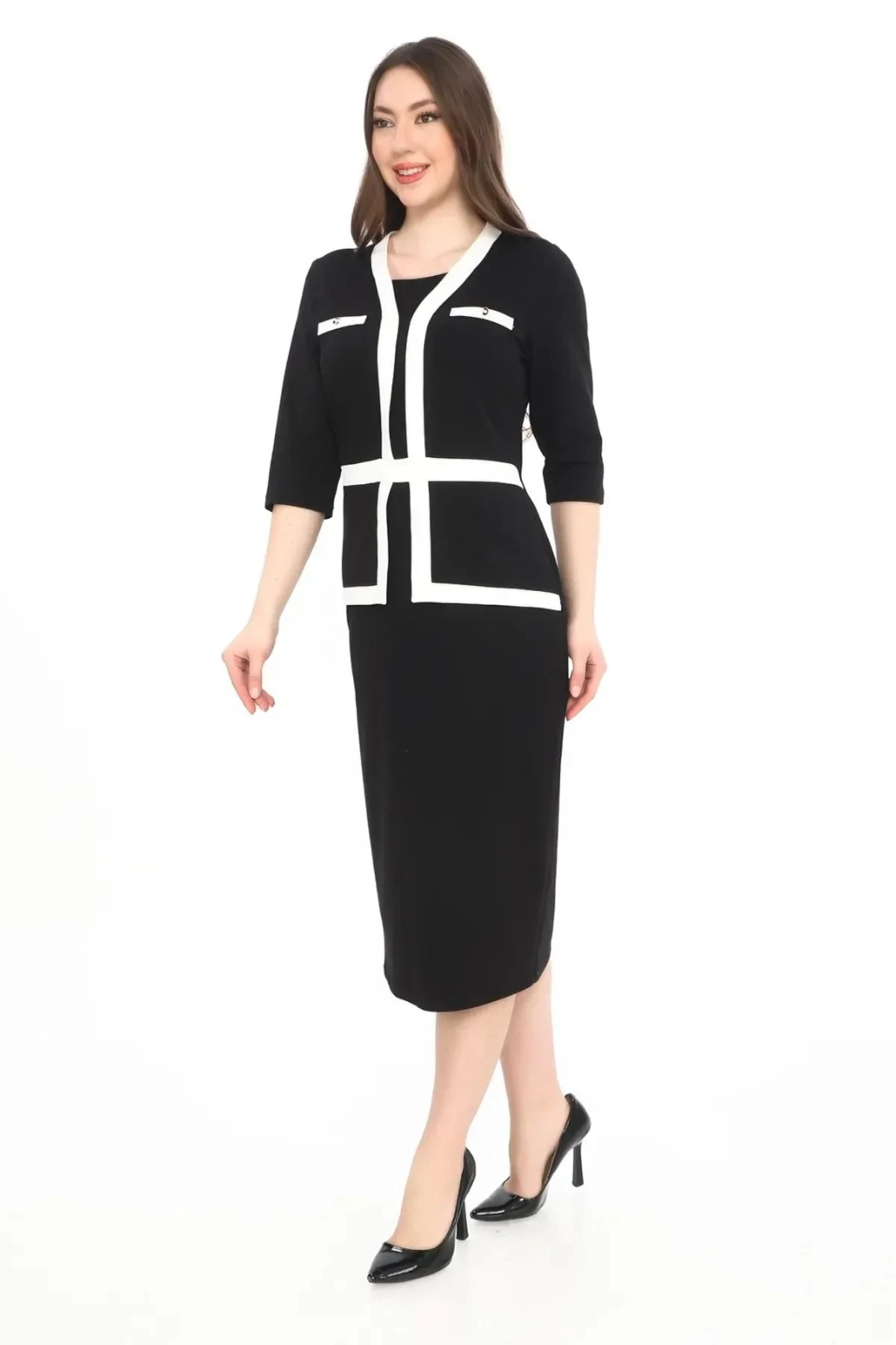 Beyaz Garni Detaylı Düğme Detaylı Takım Görünümlü Elbise