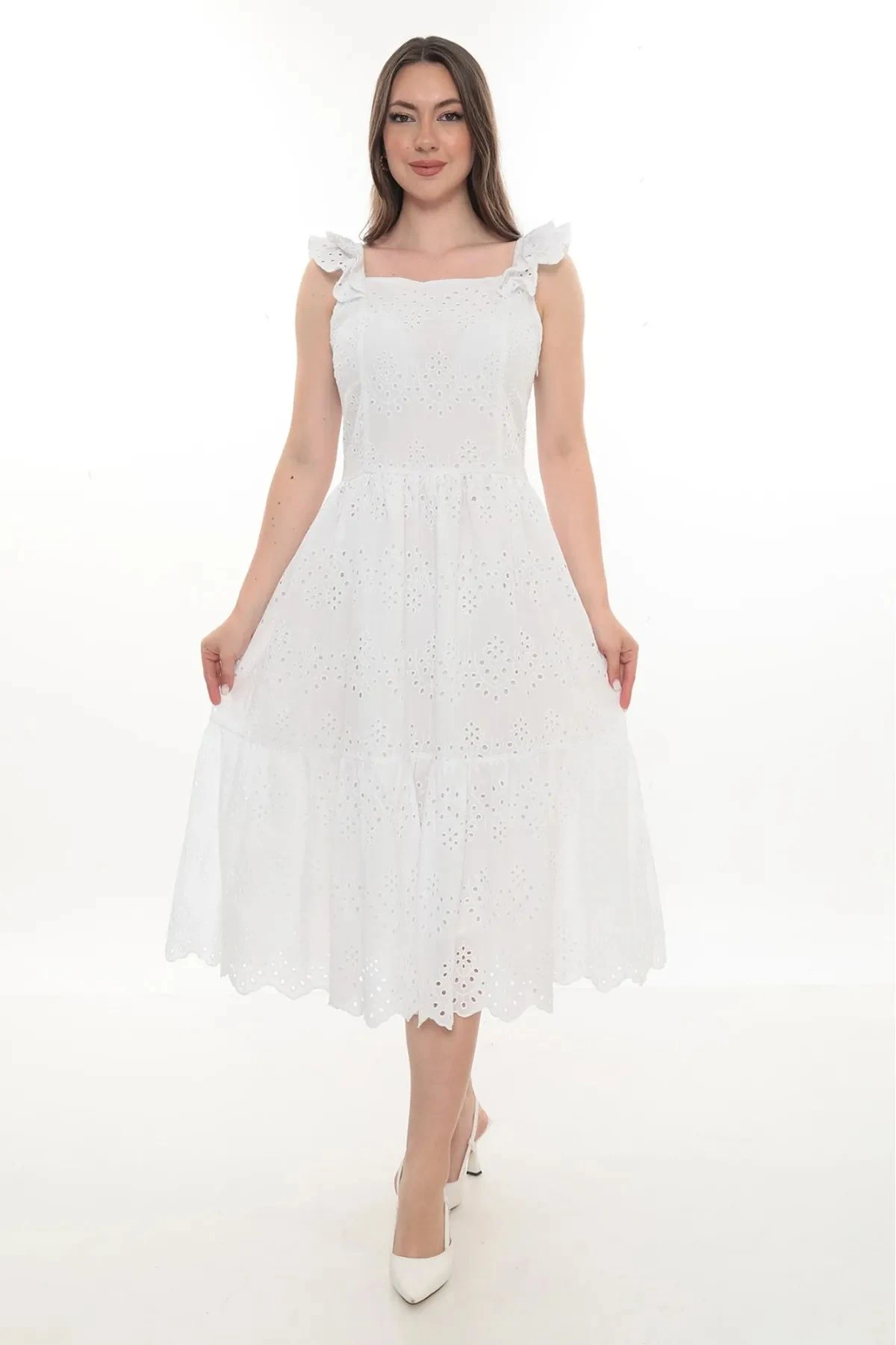 Kare Yaka Astarlı Vual Kolsuz Elbise