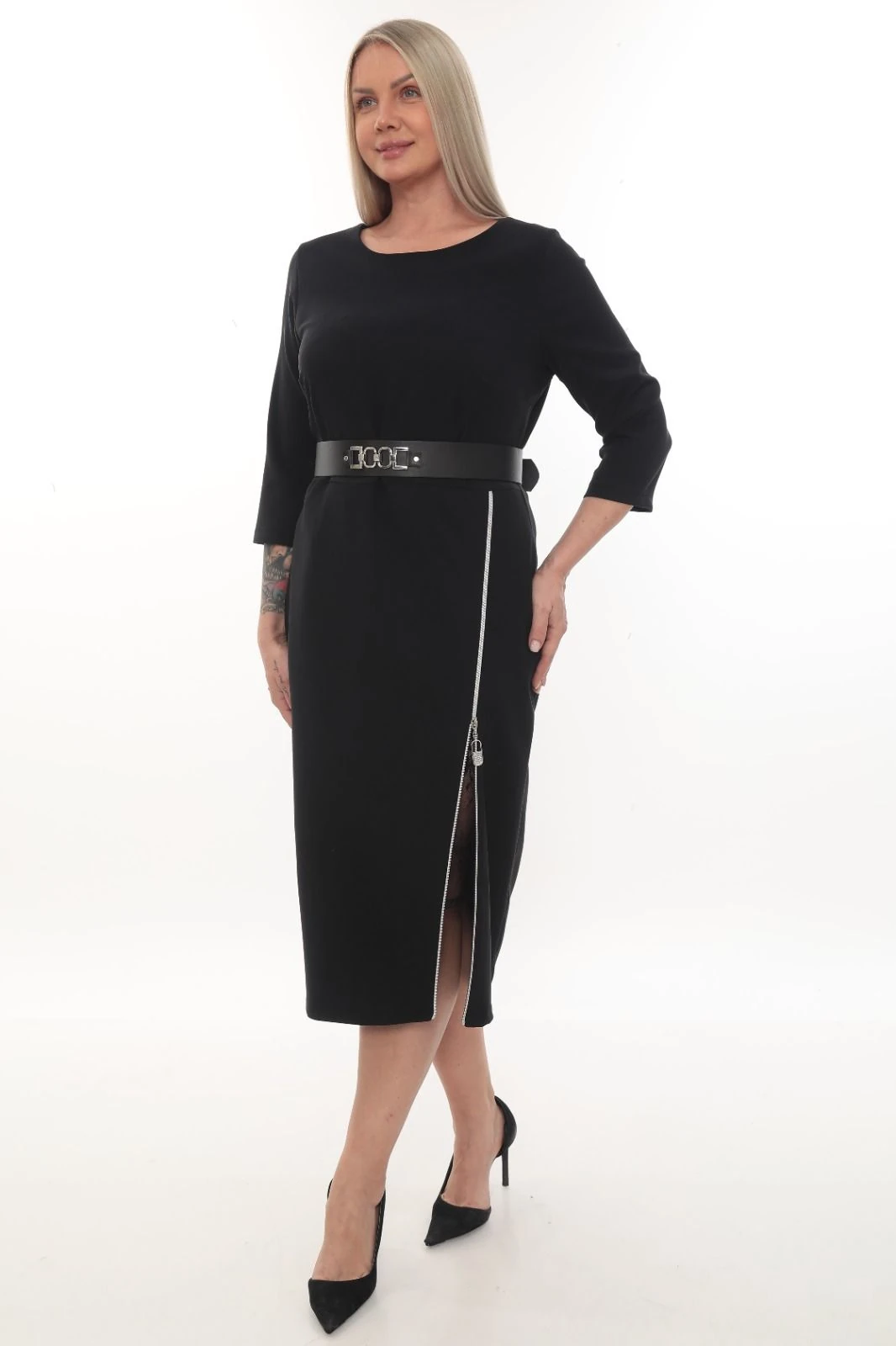 Fermuar Detaylı Kuşaklı Midi Siyah Elbise
