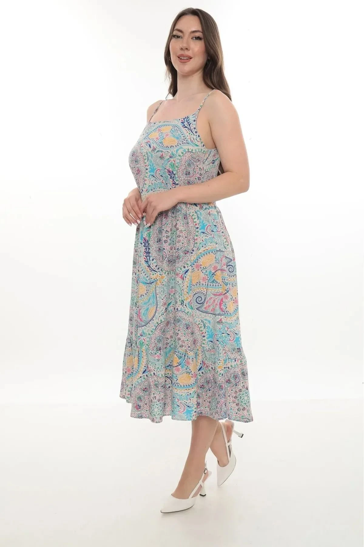 İp Askılı Desenli Yazlık Elbise