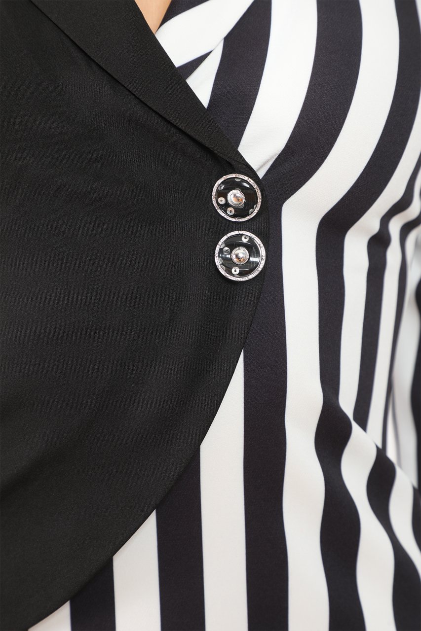 etselements Truvakar Kol Çizgili Kruvaze Ve Düğmeli Ofis Elbisesi