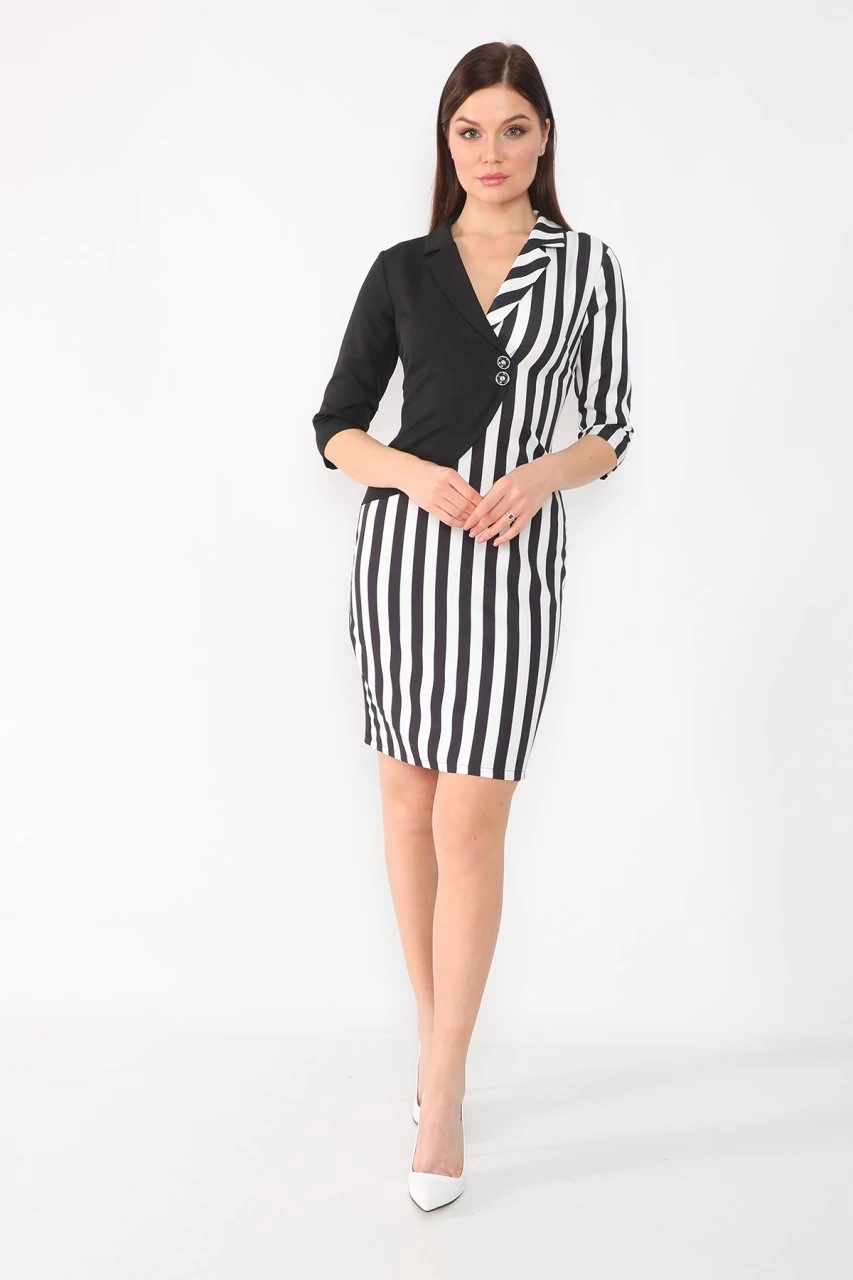 etselements Truvakar Kol Çizgili Kruvaze Ve Düğmeli Ofis Elbisesi
