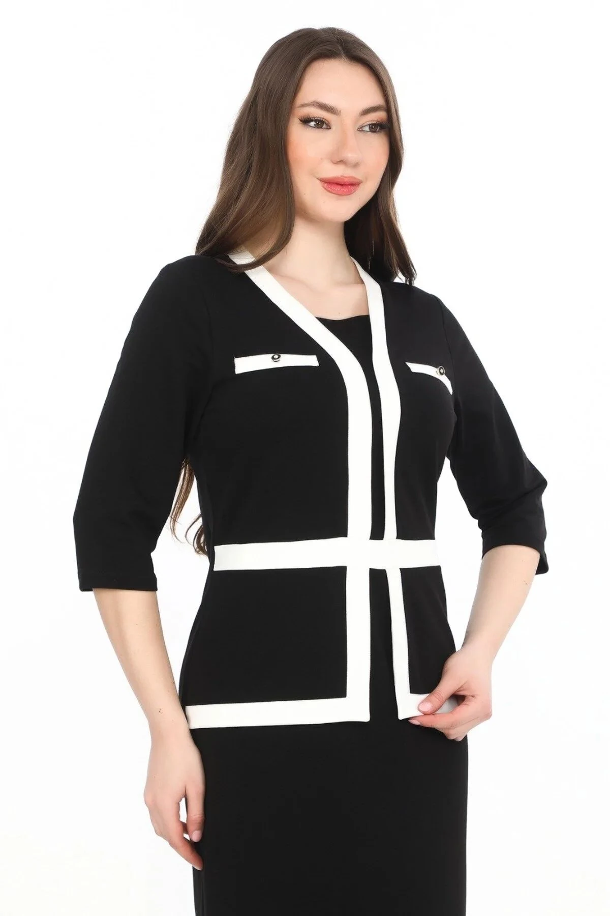 Beyaz Garni Detaylı Düğme Detaylı Takım Görünümlü Elbise