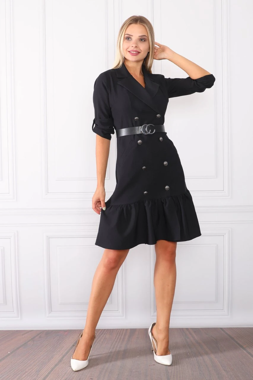 Siyah Kuşaklı Cep Ve Düğme Detaylı Ofis Elbise ETS2