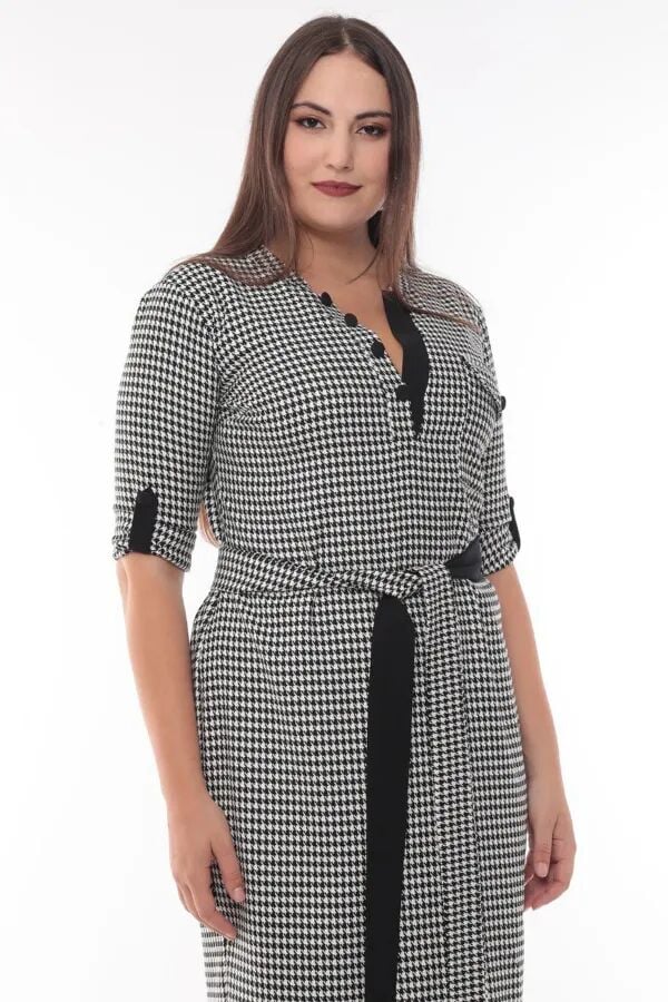 MODAPO Kadın Düğmeli Yaka Kuşaklı Kazayağı Midi Büyük Beden Elbise MDP4225