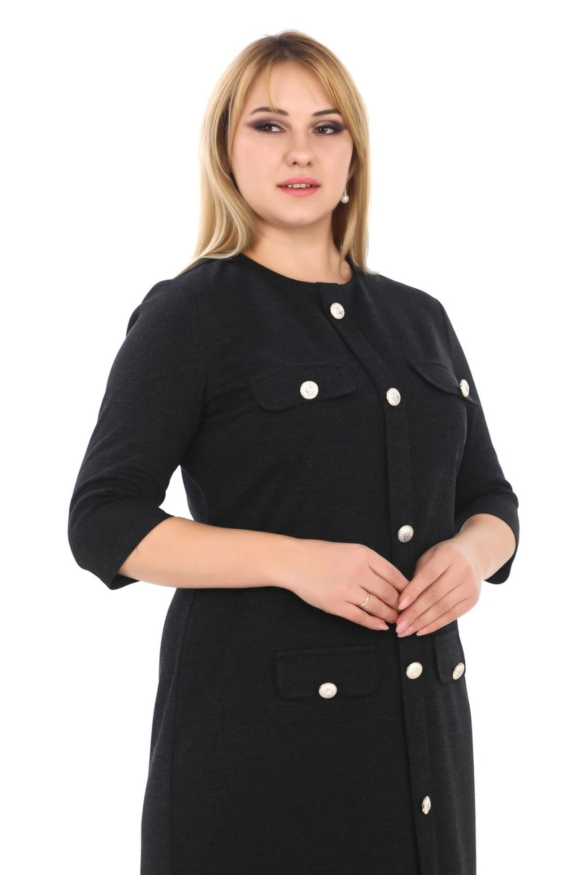 Bisiklet Yaka Düğme Detaylı Abiye Elbise 7070 Siyah