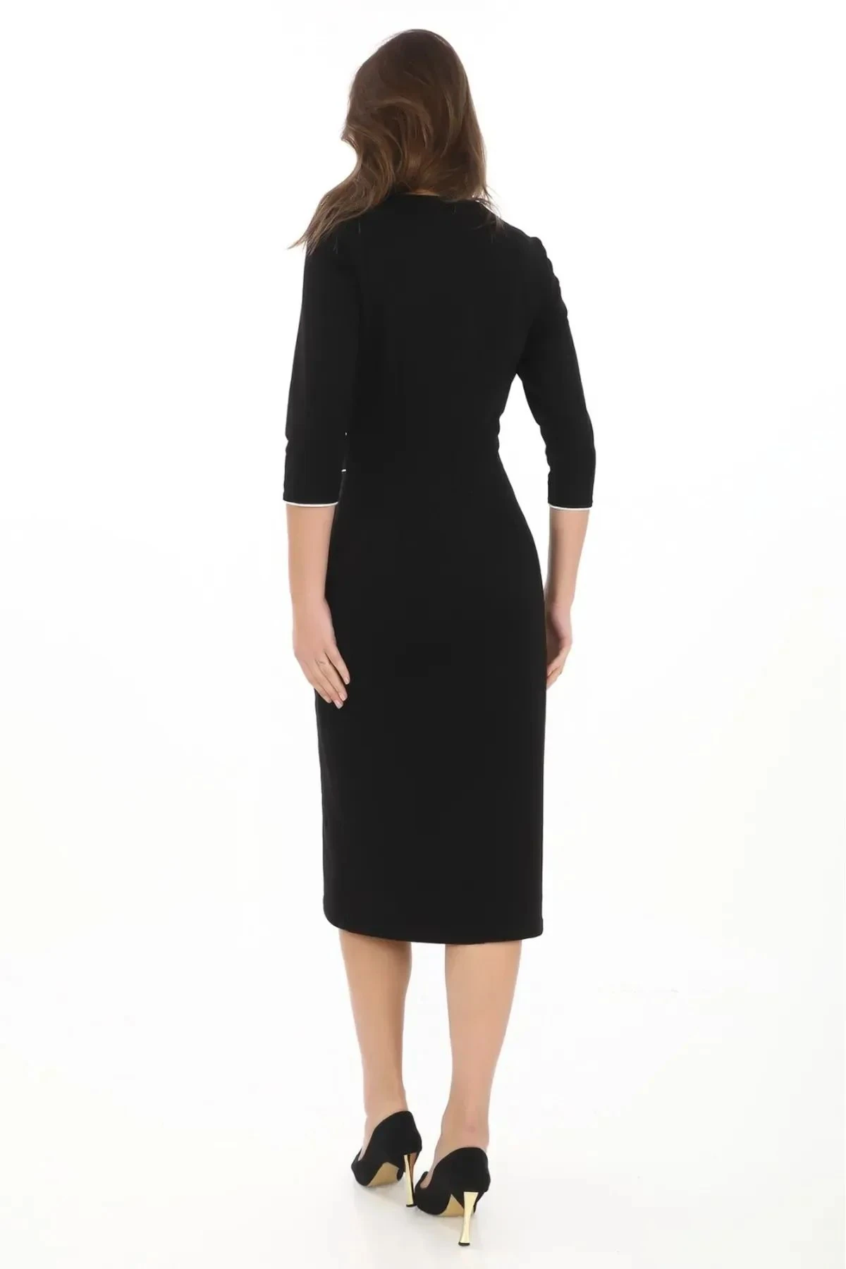 Biye Detaylı Bisiklet Yaka Midi Boy Elbise 7079 Siyah