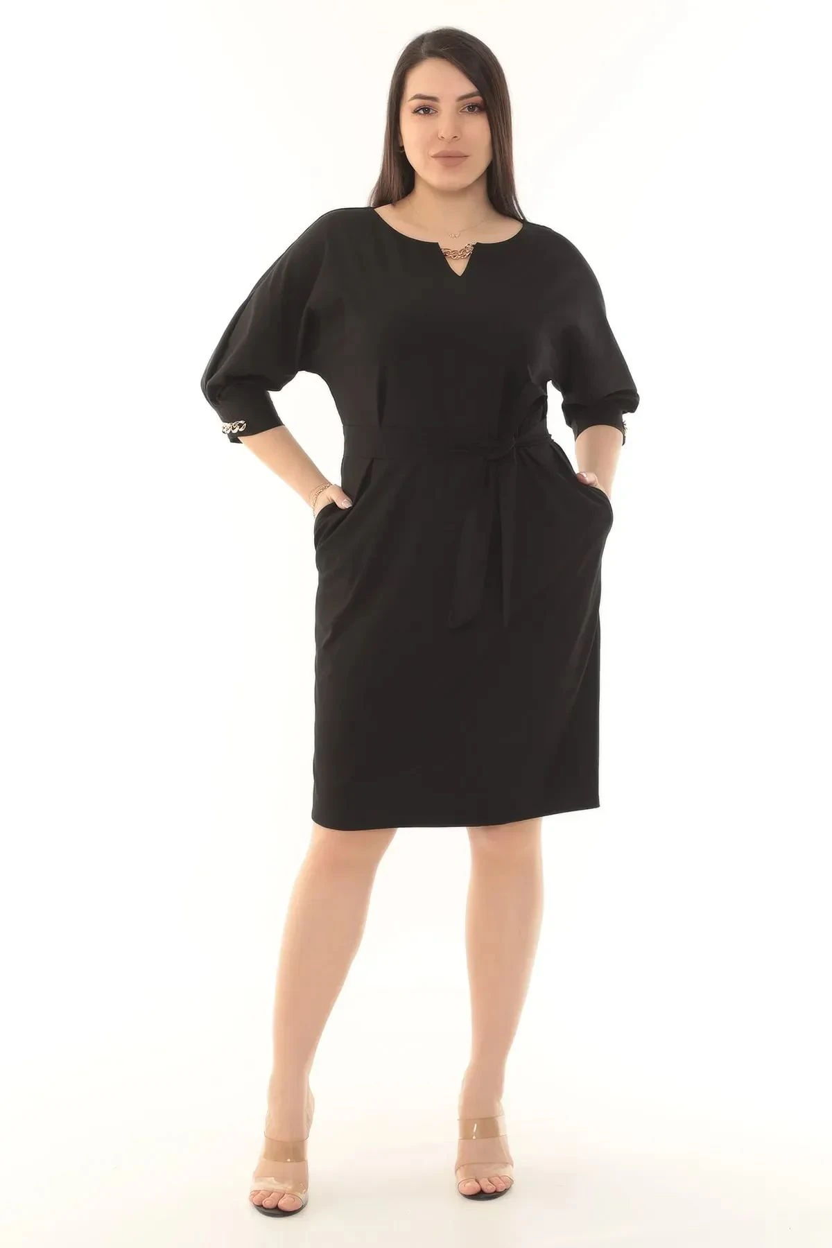 etselements Bisiklet Yaka Zincir Detaylı Kuşaklı Düz Renk Midi Elbise ETS3391