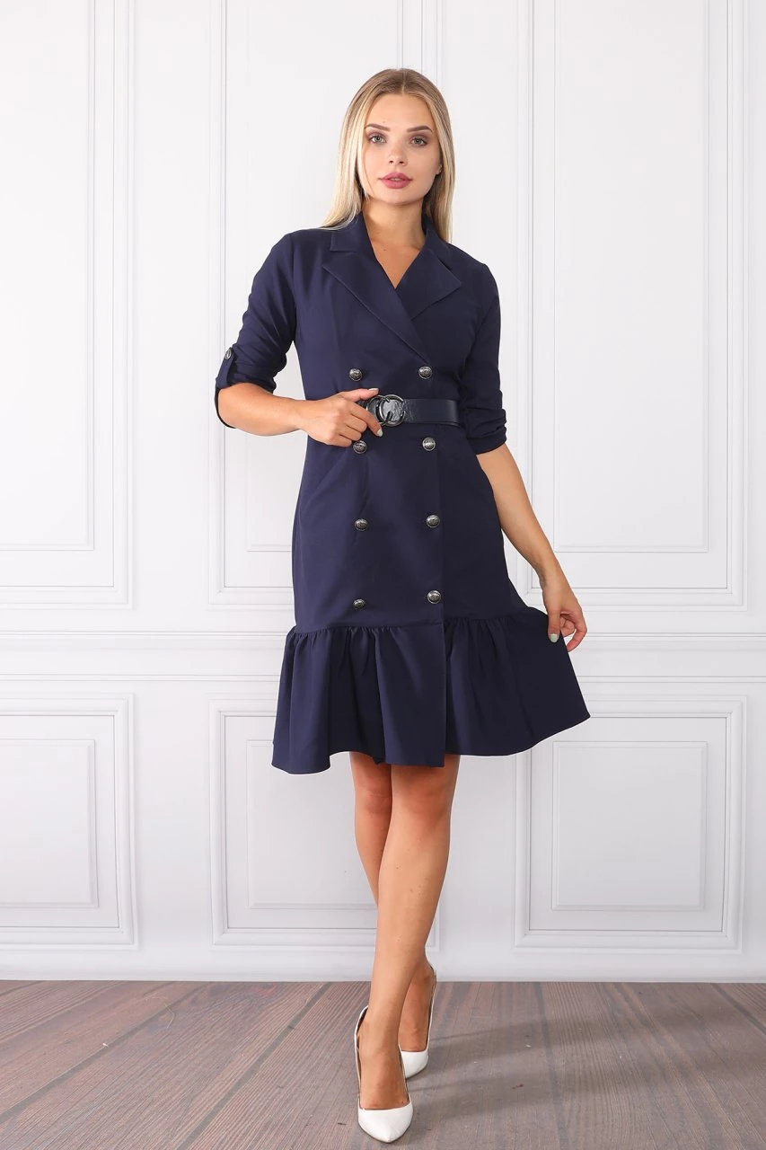 Lacivert Kuşaklı Cep Ve Düğme Detaylı Ofis Elbise ETS2