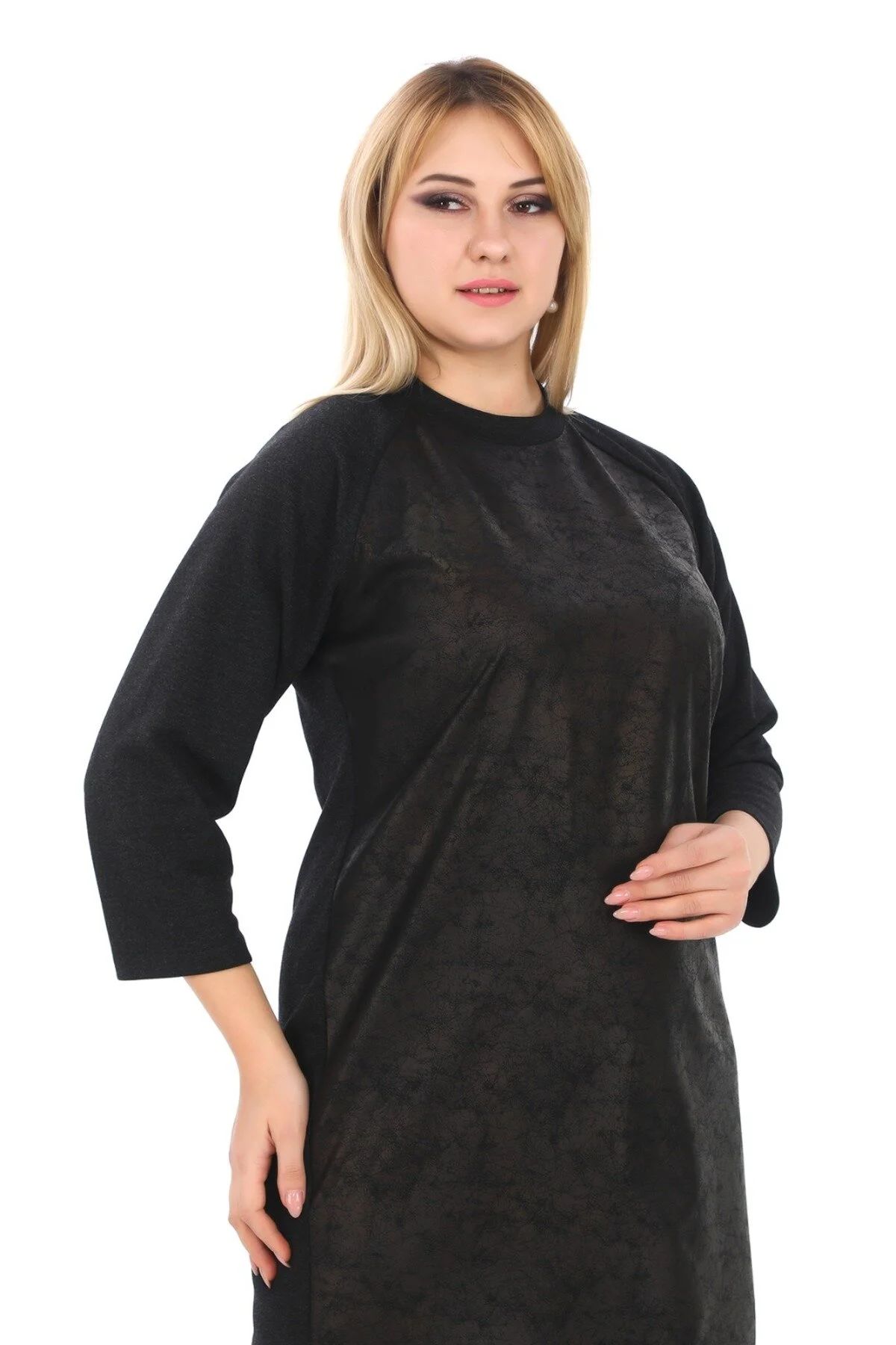 Deri Görünüm Detaylı Bisiklet Yaka Midi Boy Abiye Elbise 6786