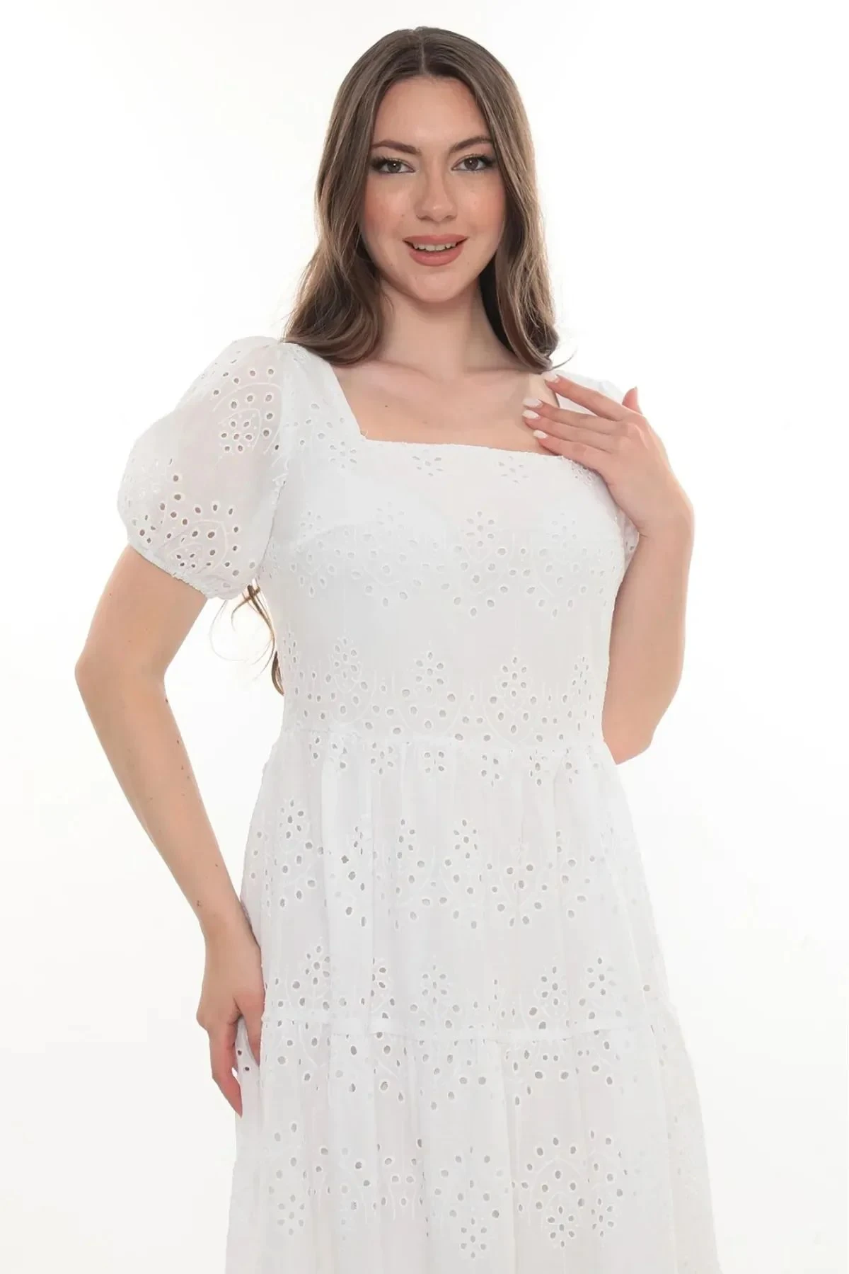 Kare Yaka Astarlı Midi Boy Vual Elbise