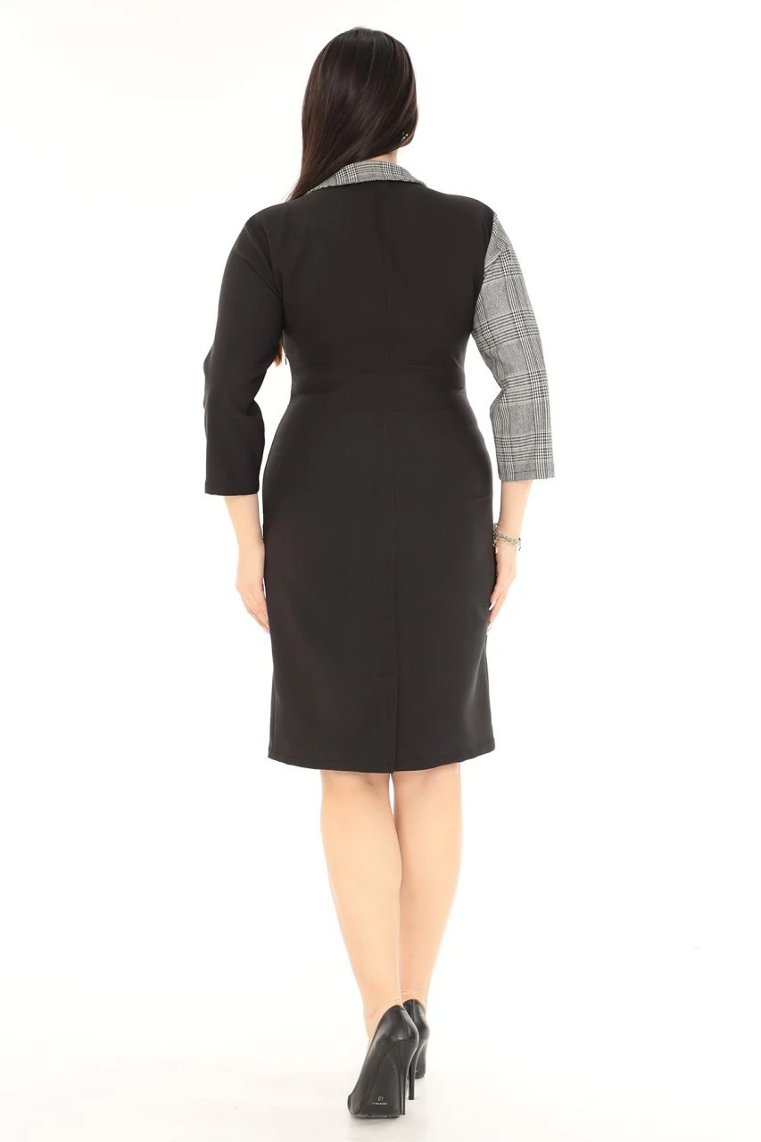 etselements Kadın Siyah Beyaz Ekoseli Kruvaze Ve Çizgili Ofis Elbisesi ETS95545726