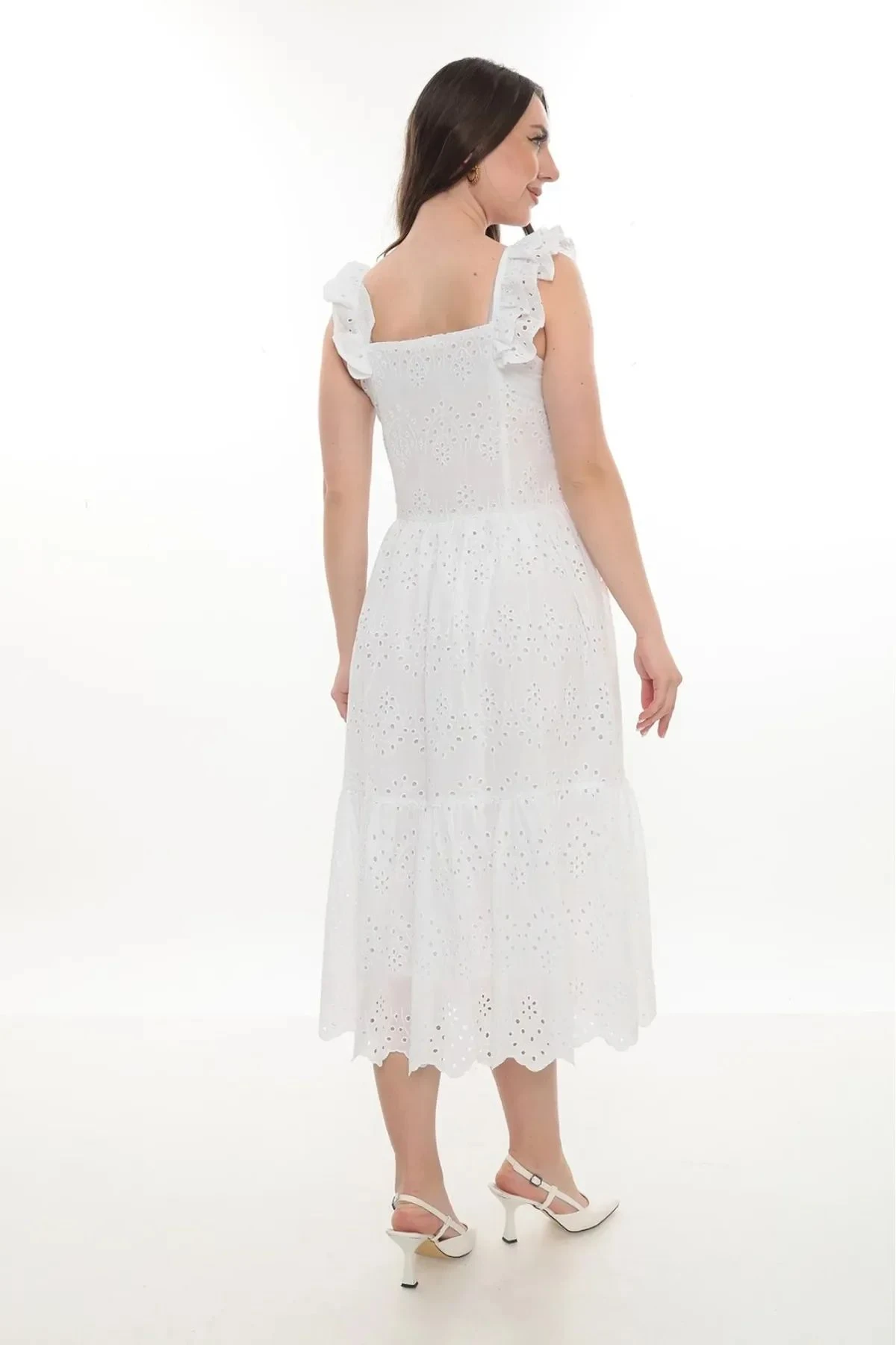 Kare Yaka Astarlı Vual Kolsuz Elbise