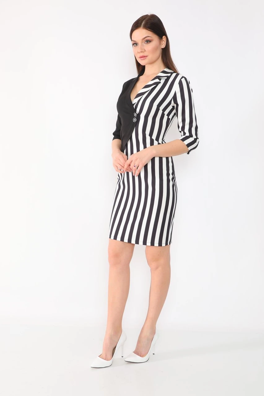 etselements Truvakar Kol Çizgili Kruvaze Ve Düğmeli Ofis Elbisesi