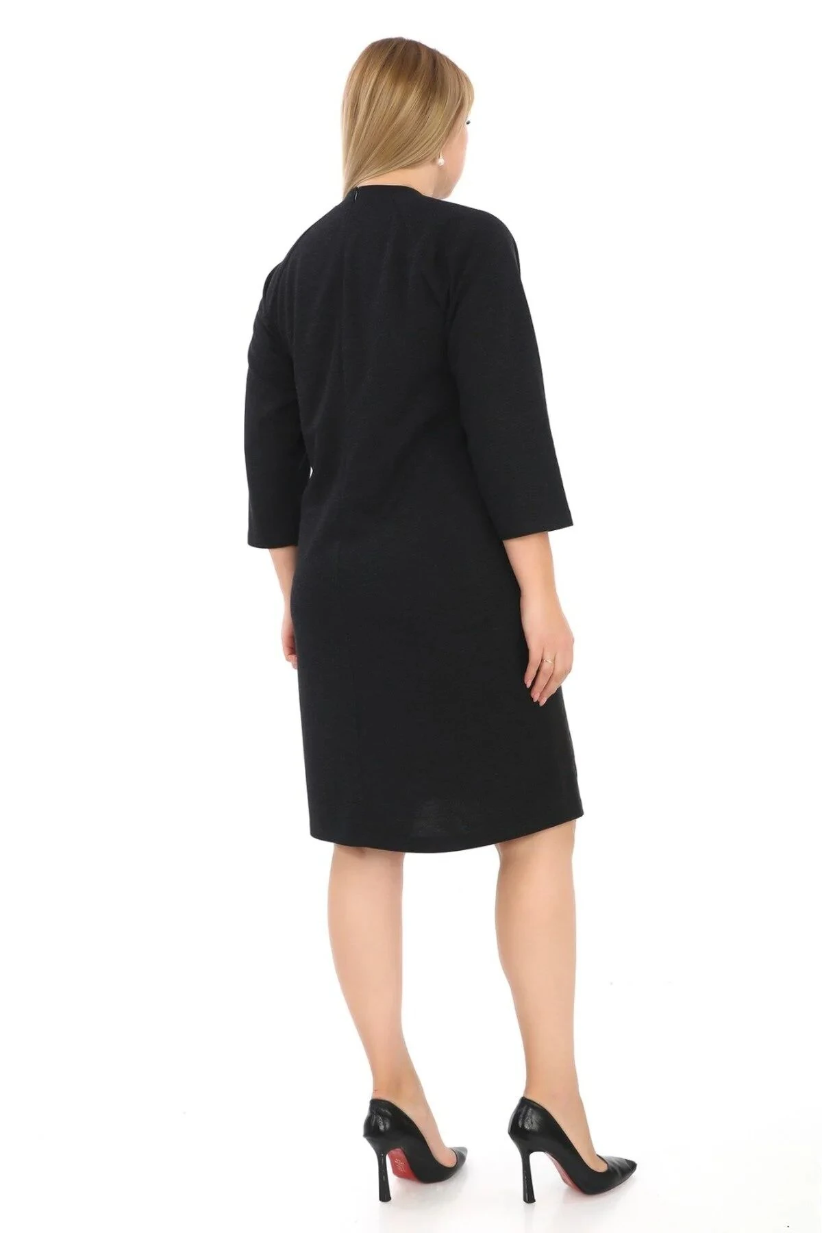 Deri Görünüm Detaylı Bisiklet Yaka Midi Boy Abiye Elbise 6786