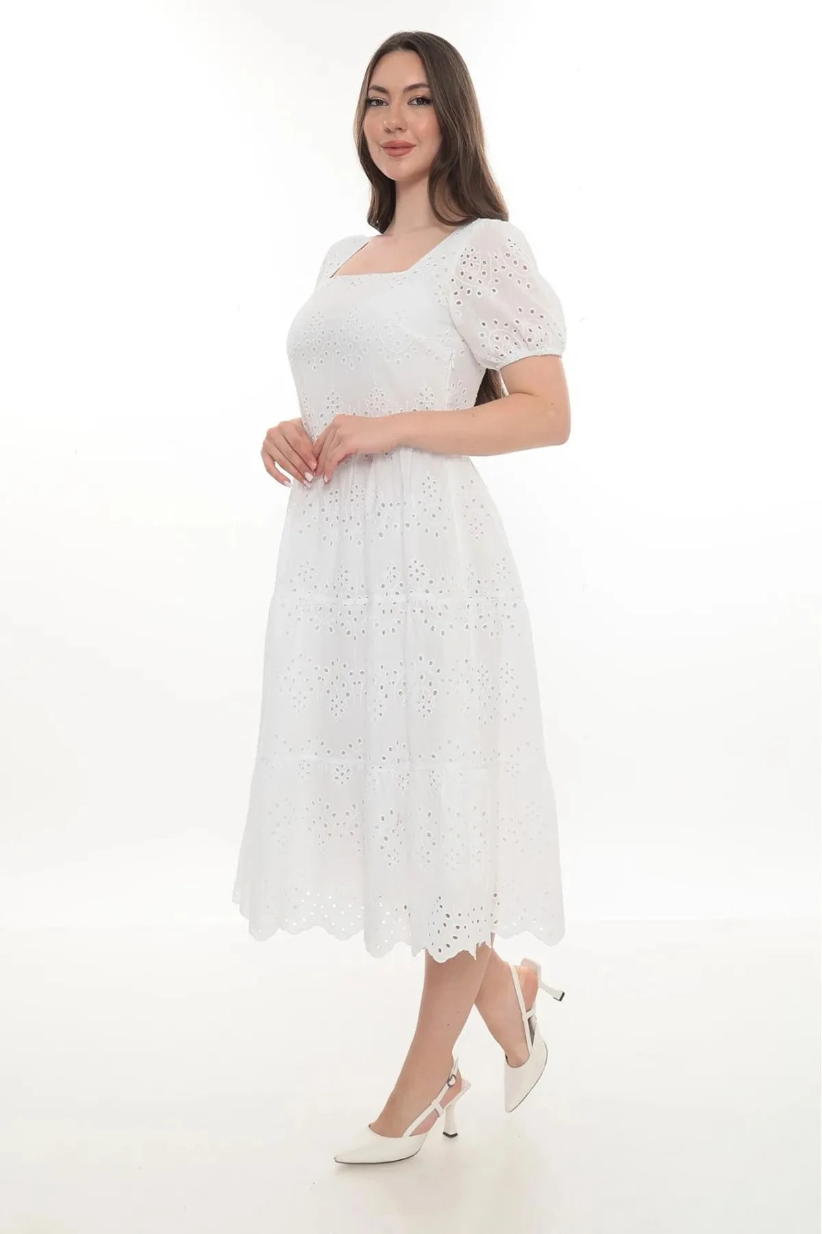 Kare Yaka Astarlı Midi Boy Vual Elbise