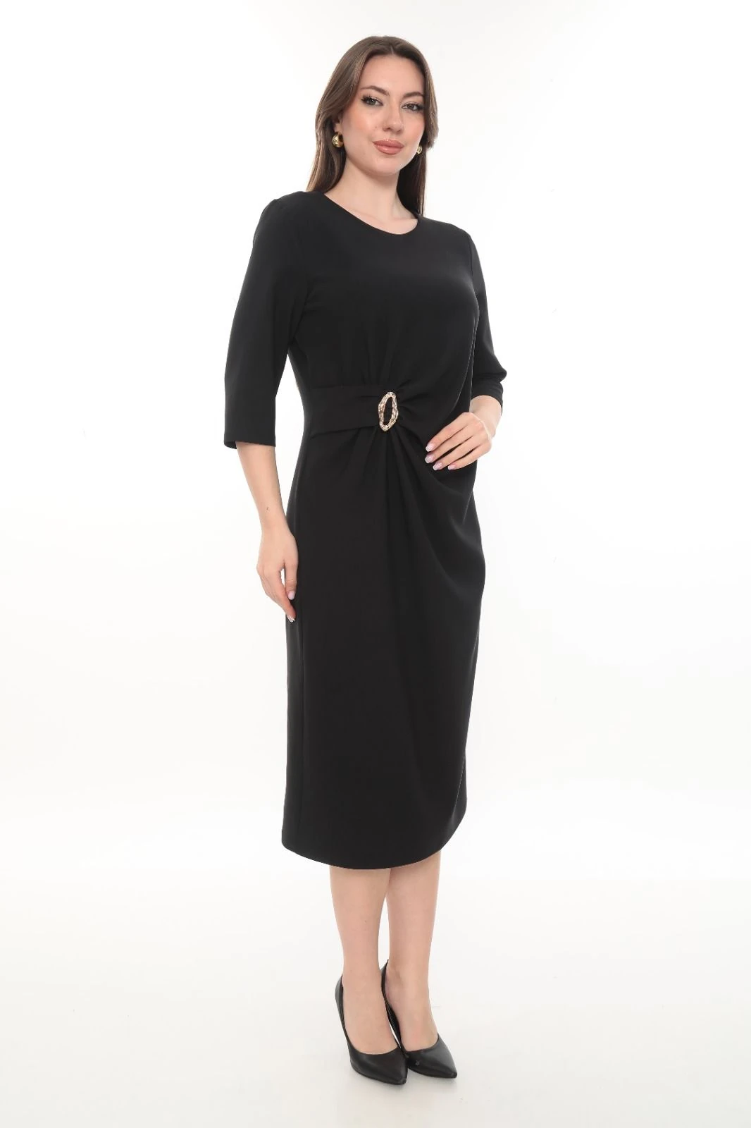 BELDEN ŞIK TOKA BÜZGÜLÜ ELBİSE ETS1005