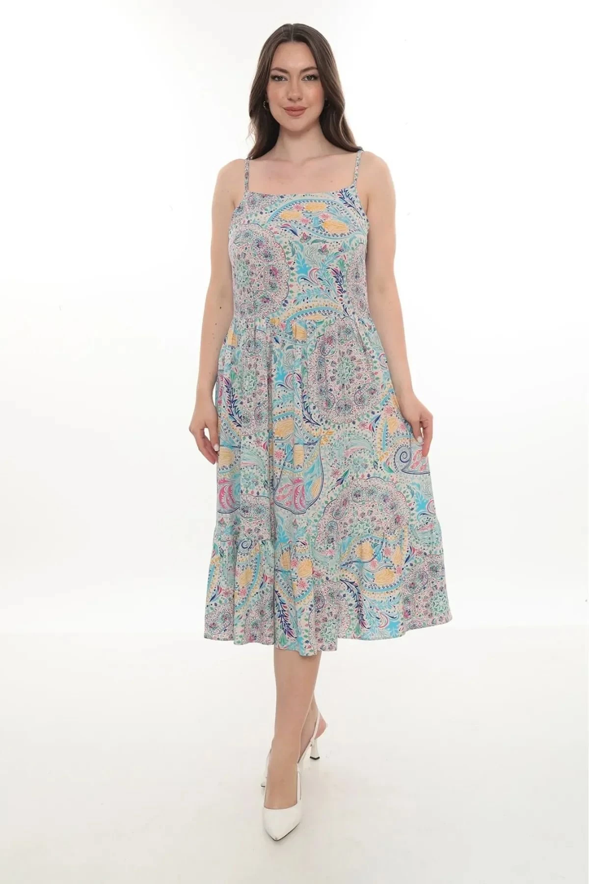 İp Askılı Desenli Yazlık Elbise