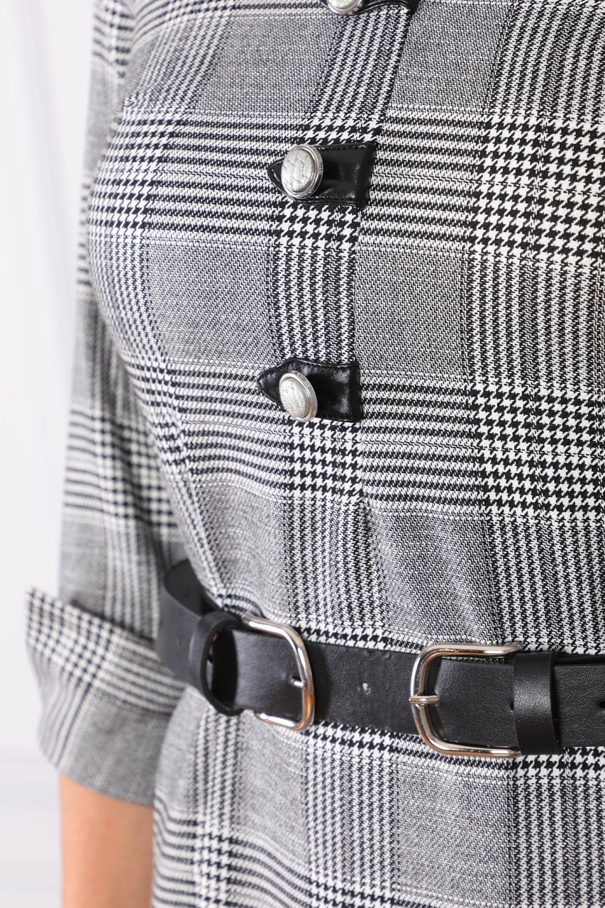 Gri Göğüsten Düğme Ve Kuşak Detaylı Ofis Elbise ES164