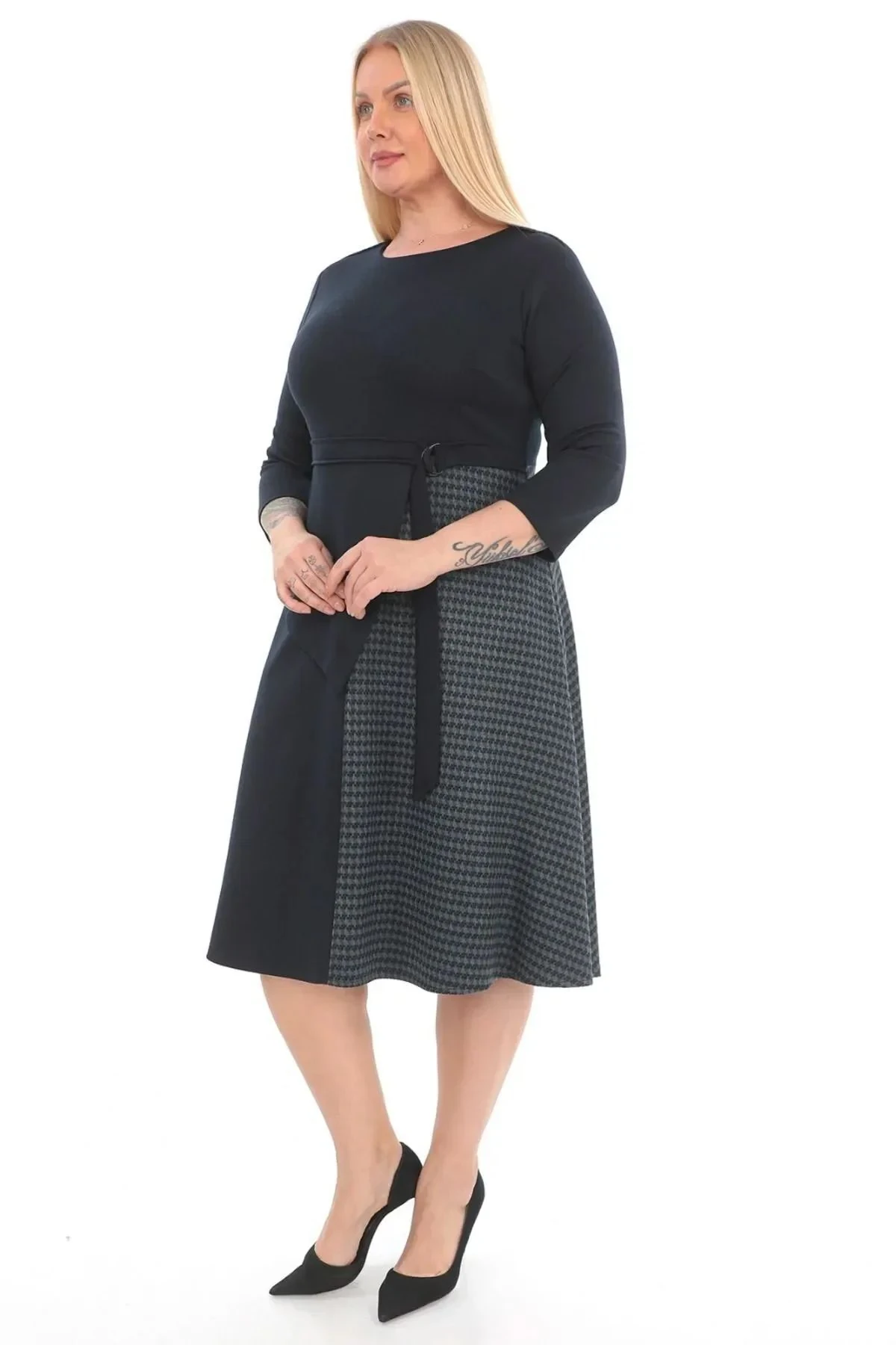 Kadın Siyah Iki Renkli Ve Kuşak Detaylı Elbise