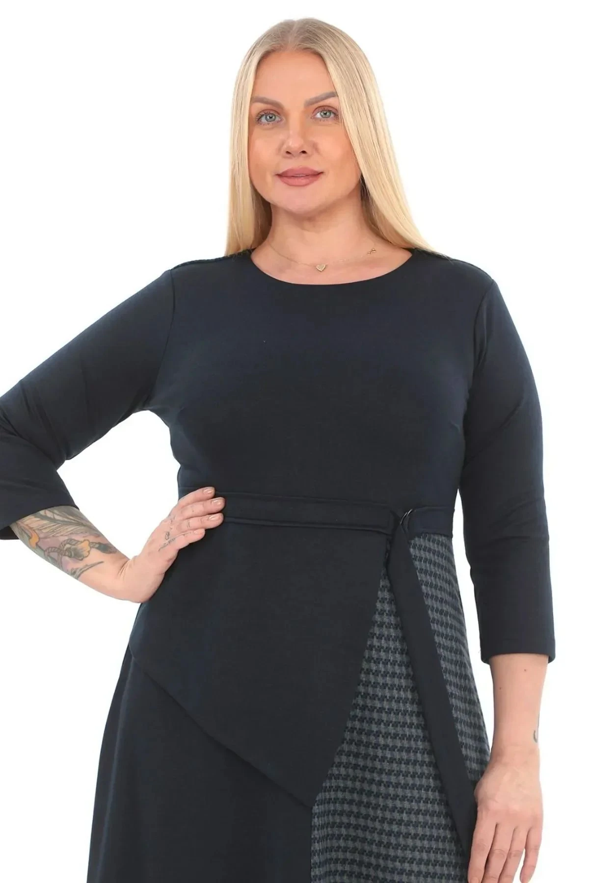 Kadın Siyah Iki Renkli Ve Kuşak Detaylı Elbise