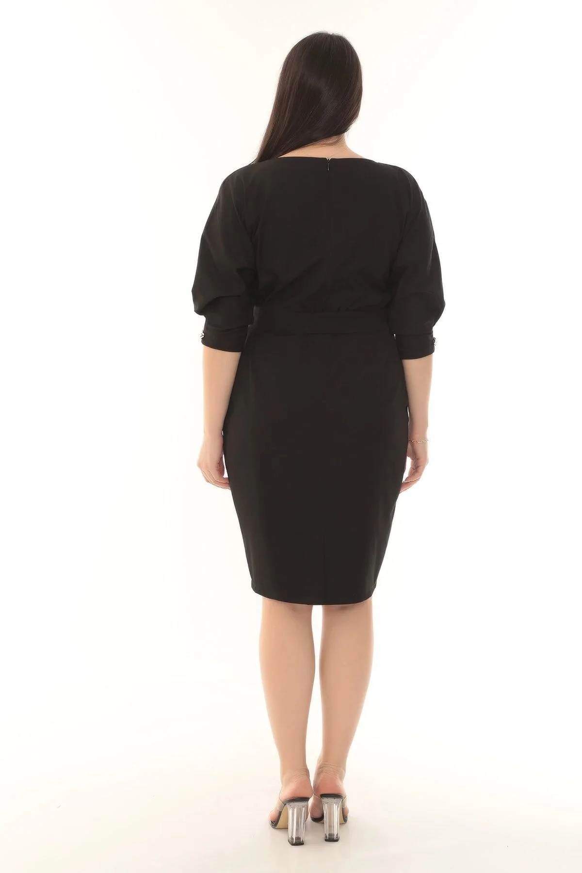 etselements Bisiklet Yaka Zincir Detaylı Kuşaklı Düz Renk Midi Elbise ETS3391