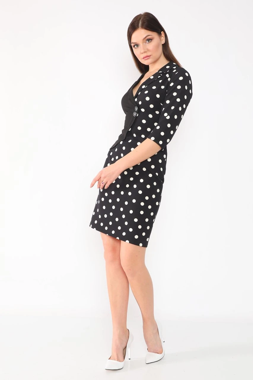 etselements Siyah Puantiyeli Kruvaze Ve Düğmeli Ofis Elbisesi