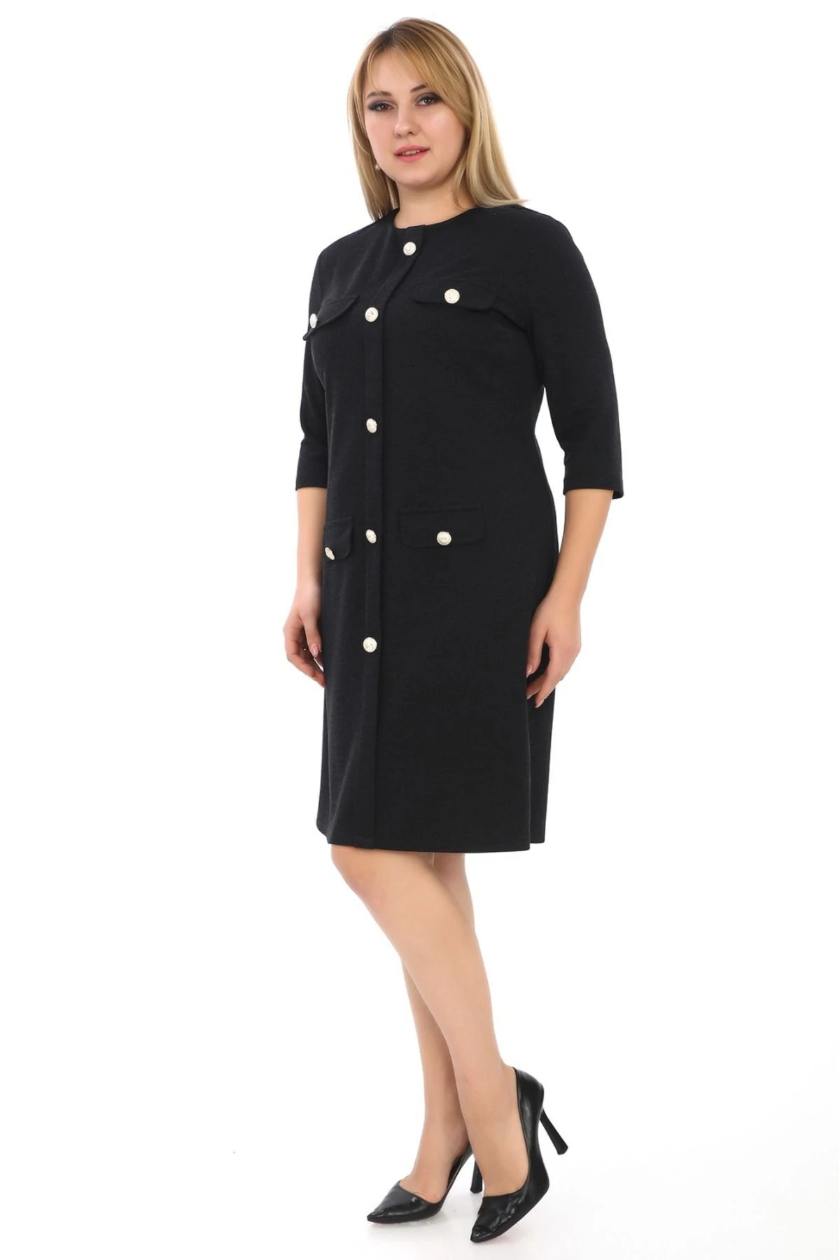 Bisiklet Yaka Düğme Detaylı Abiye Elbise 7070 Siyah