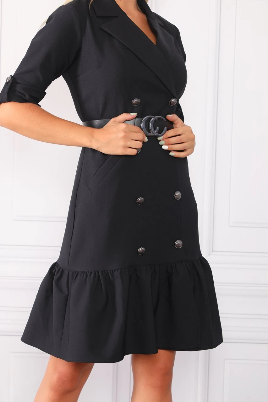 Siyah Kuşaklı Cep Ve Düğme Detaylı Ofis Elbise ETS2