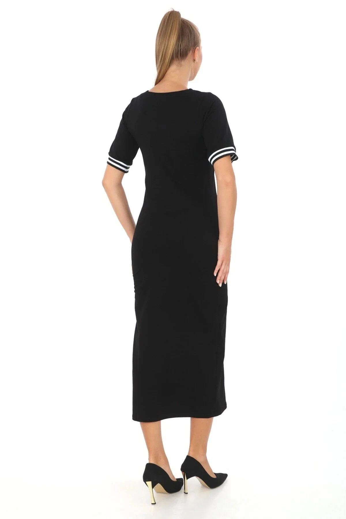 MODAPO Kadın Büyük Beden Siyah Yakası Şeritli V Yaka Sweat Elbise