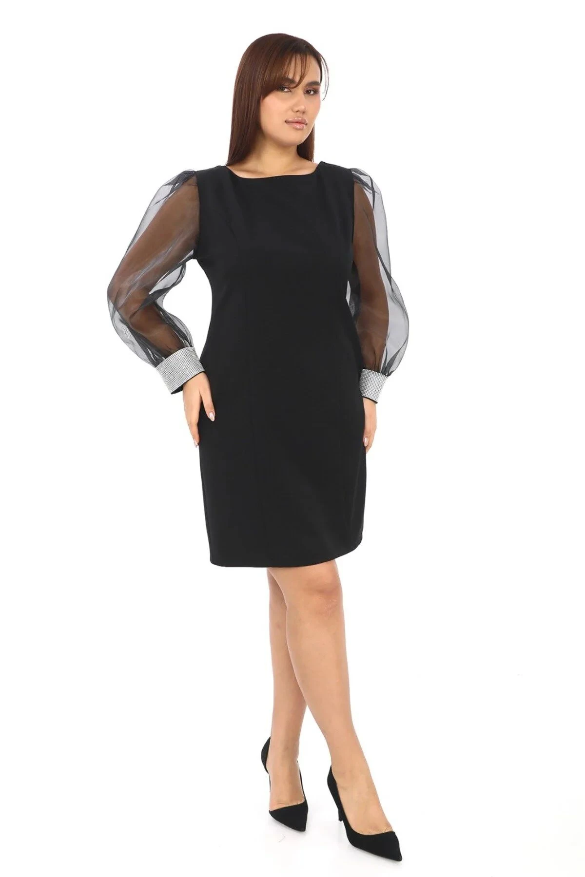 Bilek Ve Sırt Taş Detaylı U Yaka Midiboy Elbise