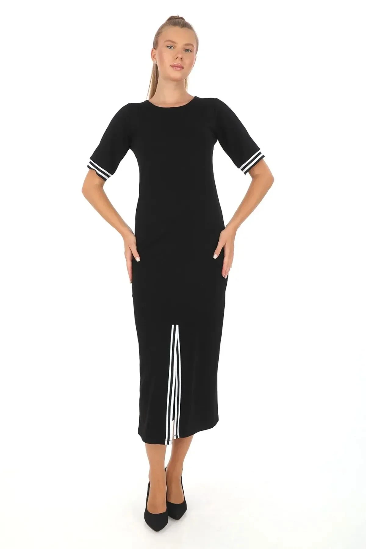 MODAPO Kadın Büyük Beden Siyah Yakası Şeritli V Yaka Sweat Elbise