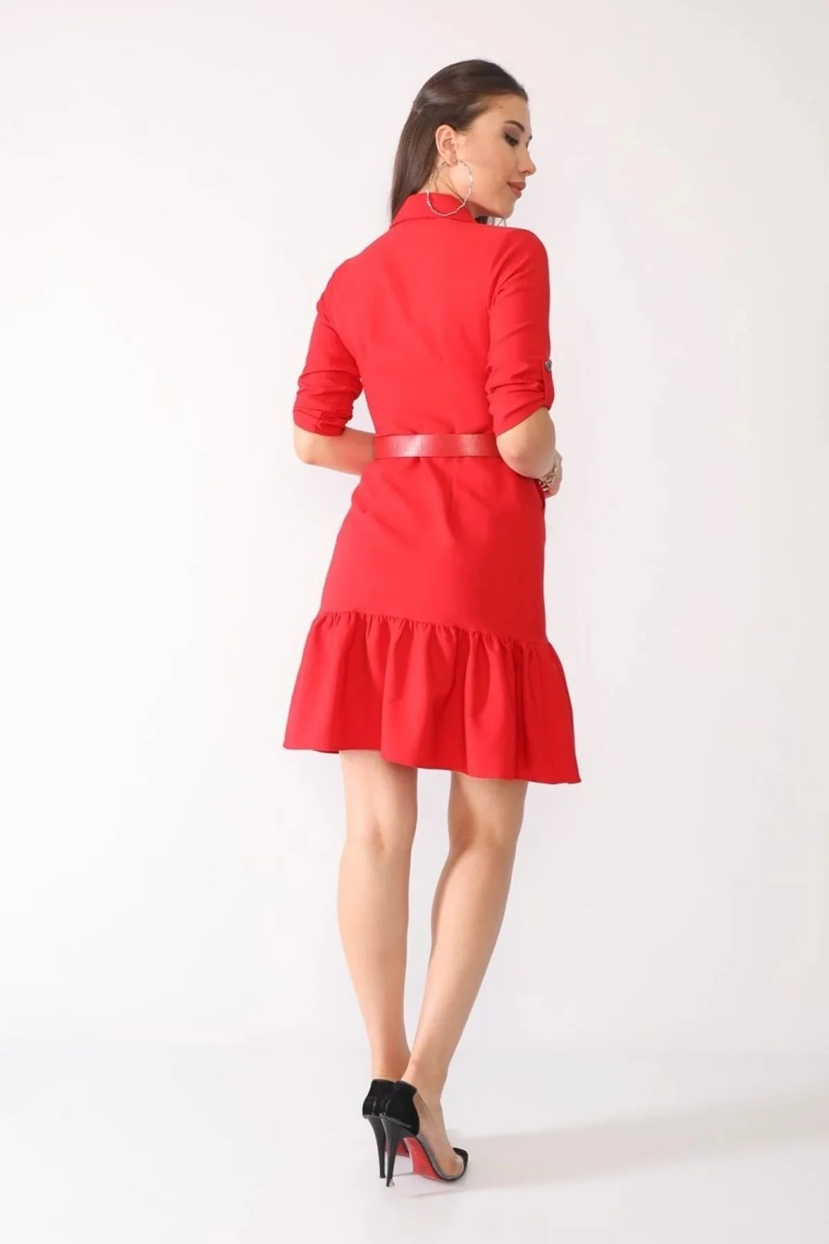 Kadın Kırmızı Kuşaklı Cep ve Düğme Detaylı Ofis Elbise