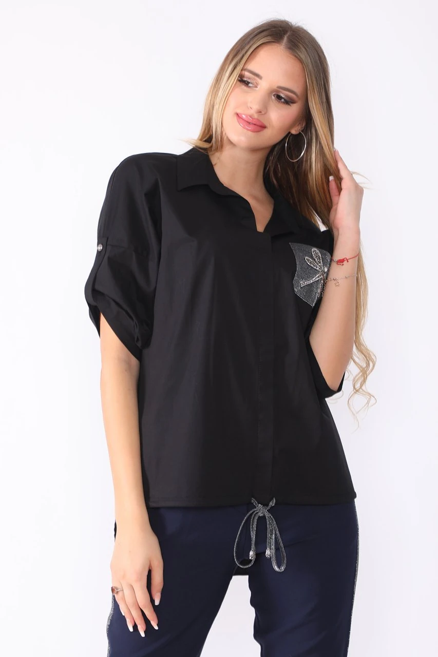 Siyah Göğüsten Kelebek Baskı Detaylı Spor Gömlek ETS5484542