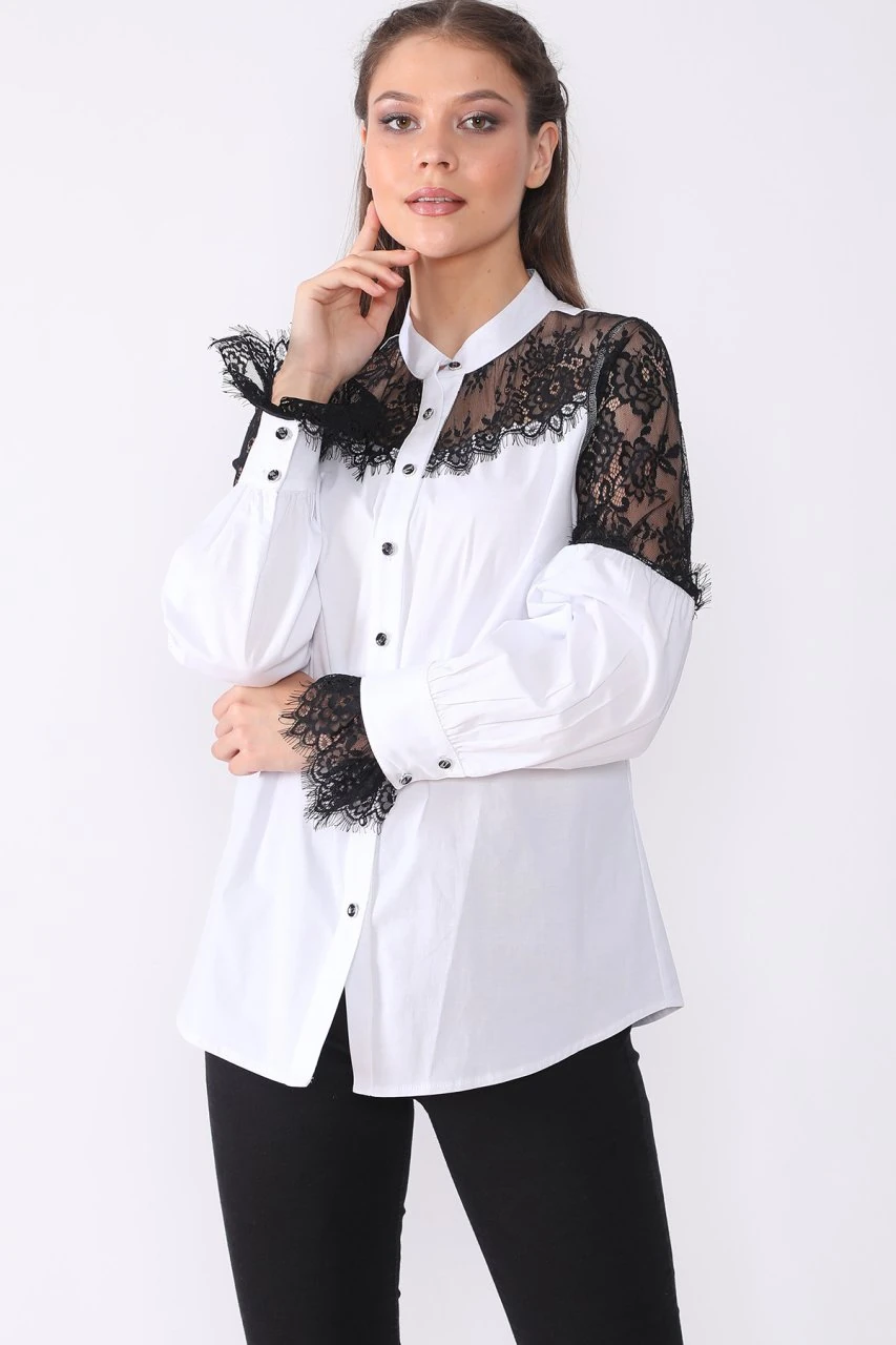 Beyaz Yaka ve Kol Dantel Detaylı Gömlek ETS5789634