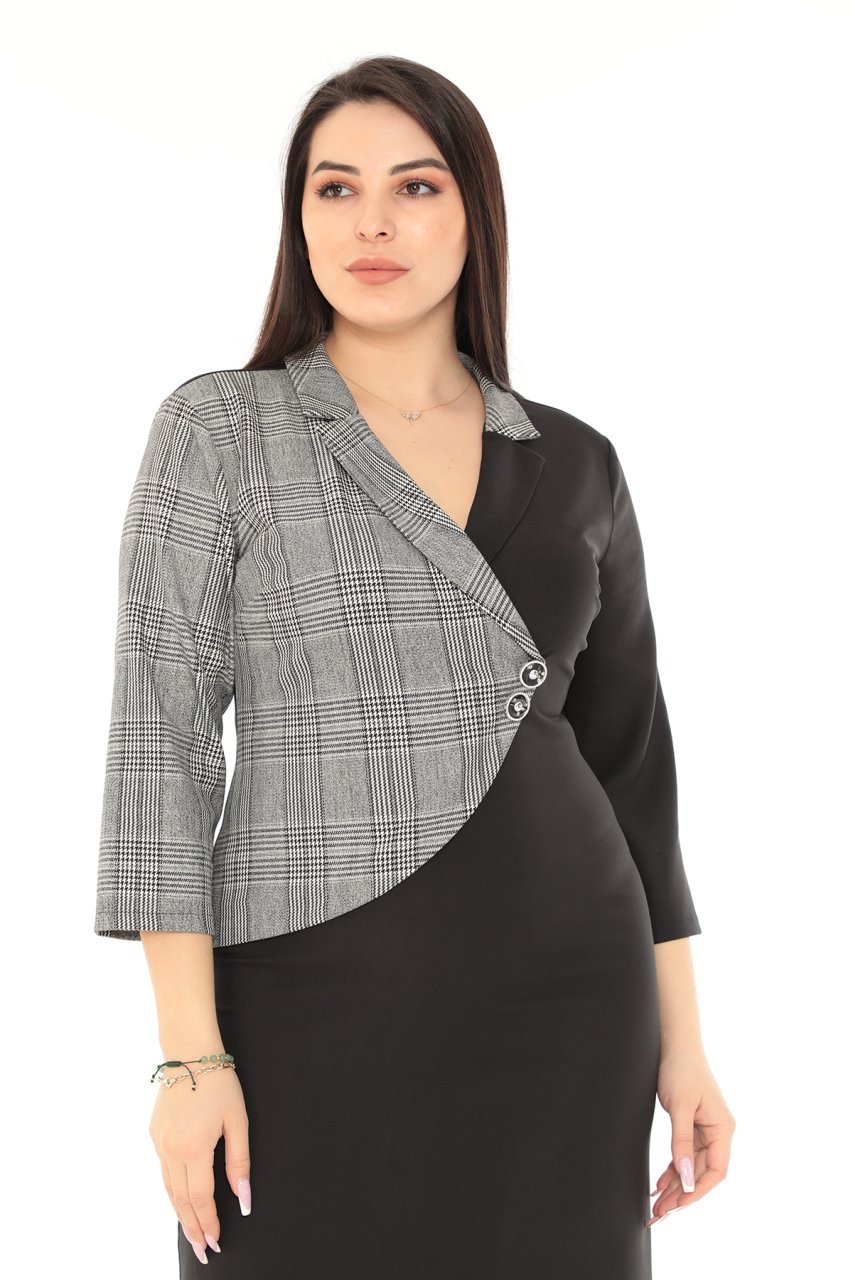 etselements Kadın Siyah Beyaz Ekoseli Kruvaze Ve Çizgili Ofis Elbisesi ETS95545726