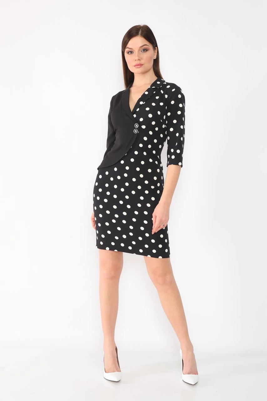 etselements Siyah Puantiyeli Kruvaze Ve Düğmeli Ofis Elbisesi