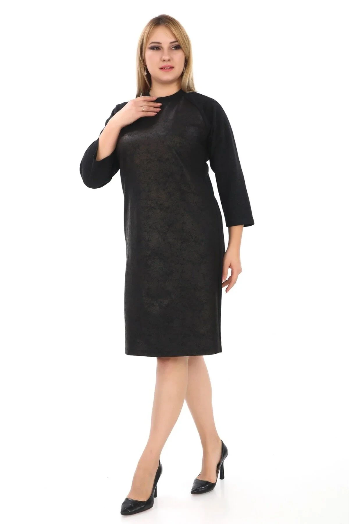 Deri Görünüm Detaylı Bisiklet Yaka Midi Boy Abiye Elbise 6786