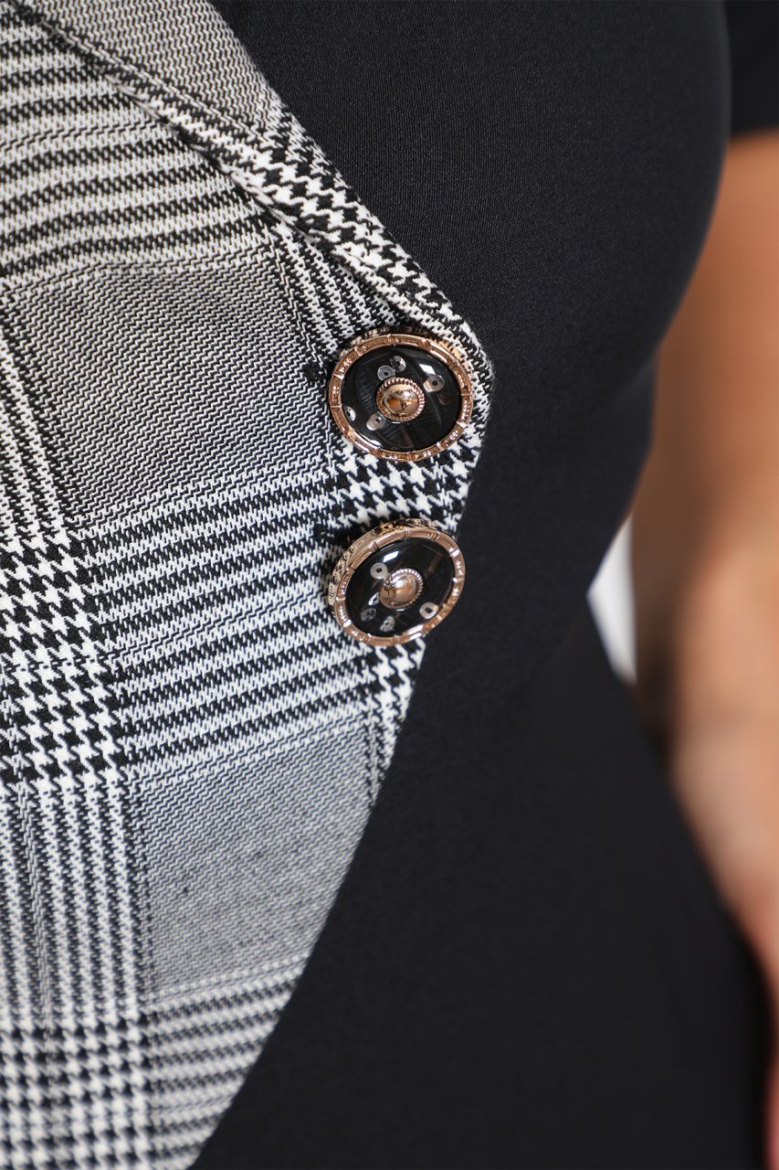 Siyah Beyaz Ekoseli Kruvaze ve Çizgili Ofis Elbisesi ETS955451578