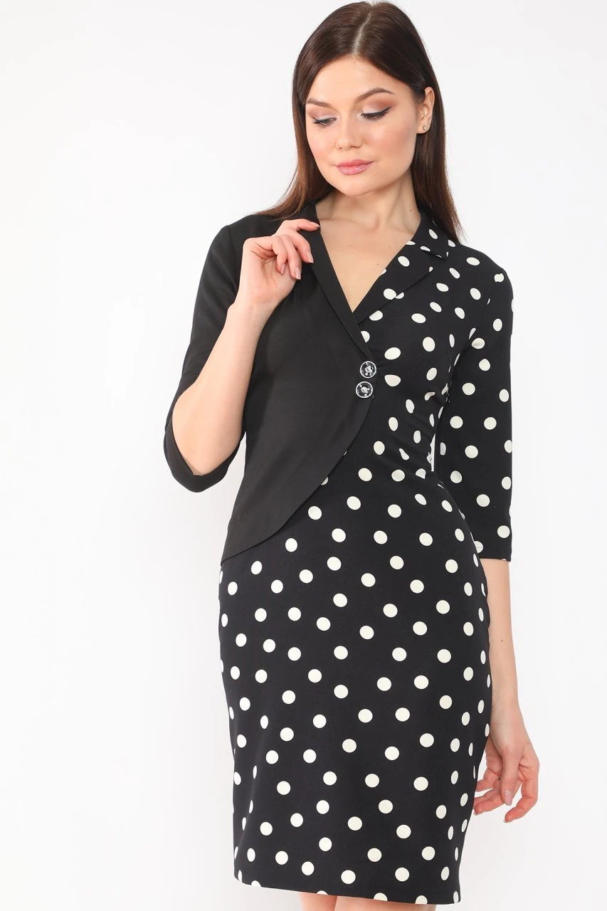 etselements Siyah Puantiyeli Kruvaze Ve Düğmeli Ofis Elbisesi