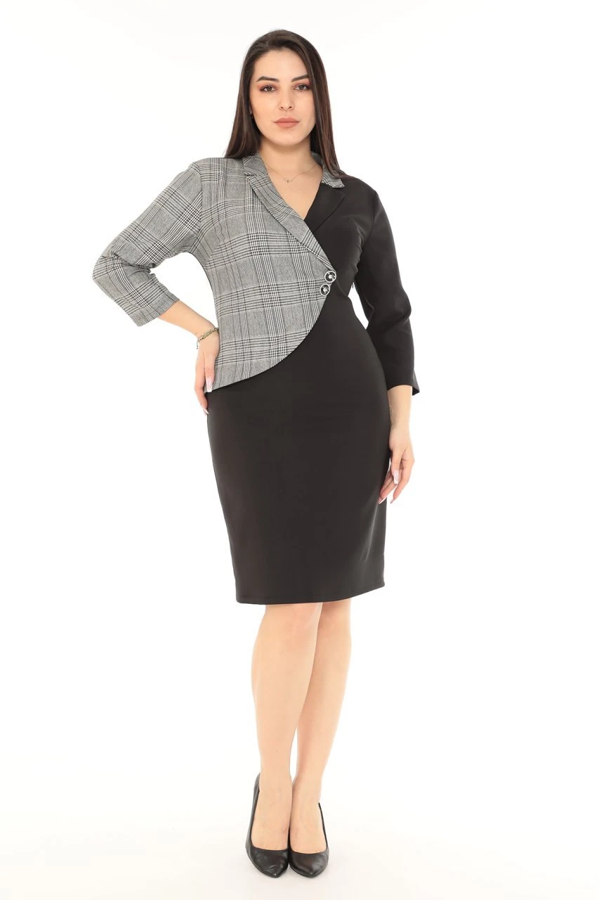 etselements Kadın Siyah Beyaz Ekoseli Kruvaze Ve Çizgili Ofis Elbisesi ETS95545726