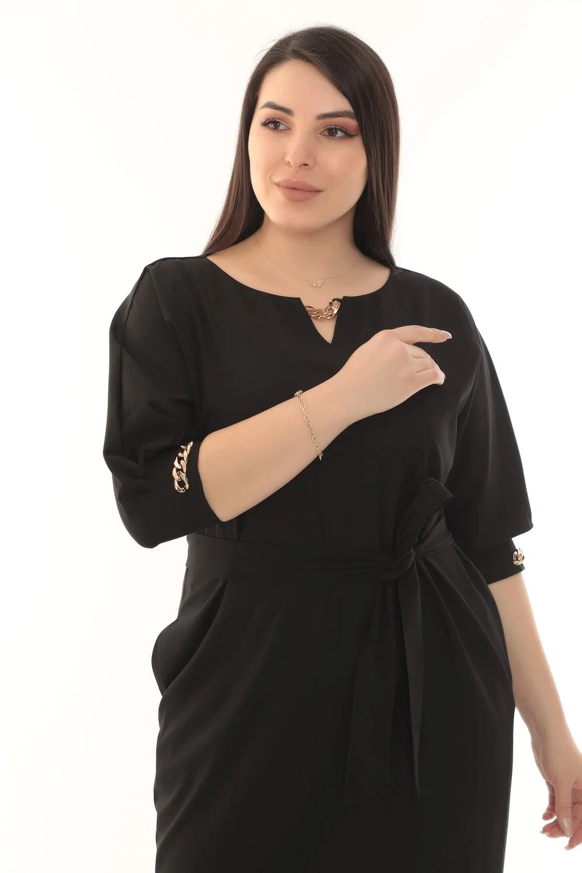 etselements Bisiklet Yaka Zincir Detaylı Kuşaklı Düz Renk Midi Elbise ETS3391