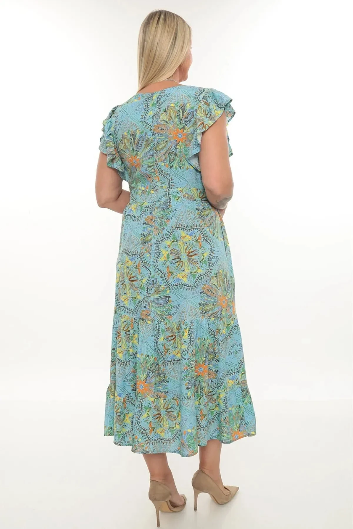 V Yaka Kuşaklı Desenli Uzun Viskon Elbise